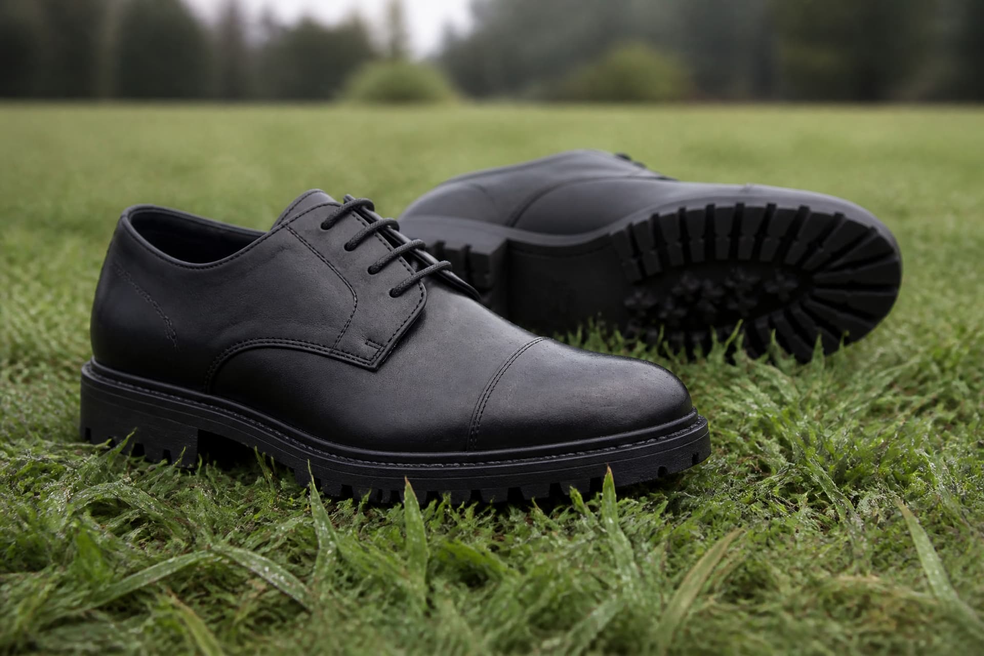 A pair of dark leather dress shoes with thick rubber soles standing on wet grass