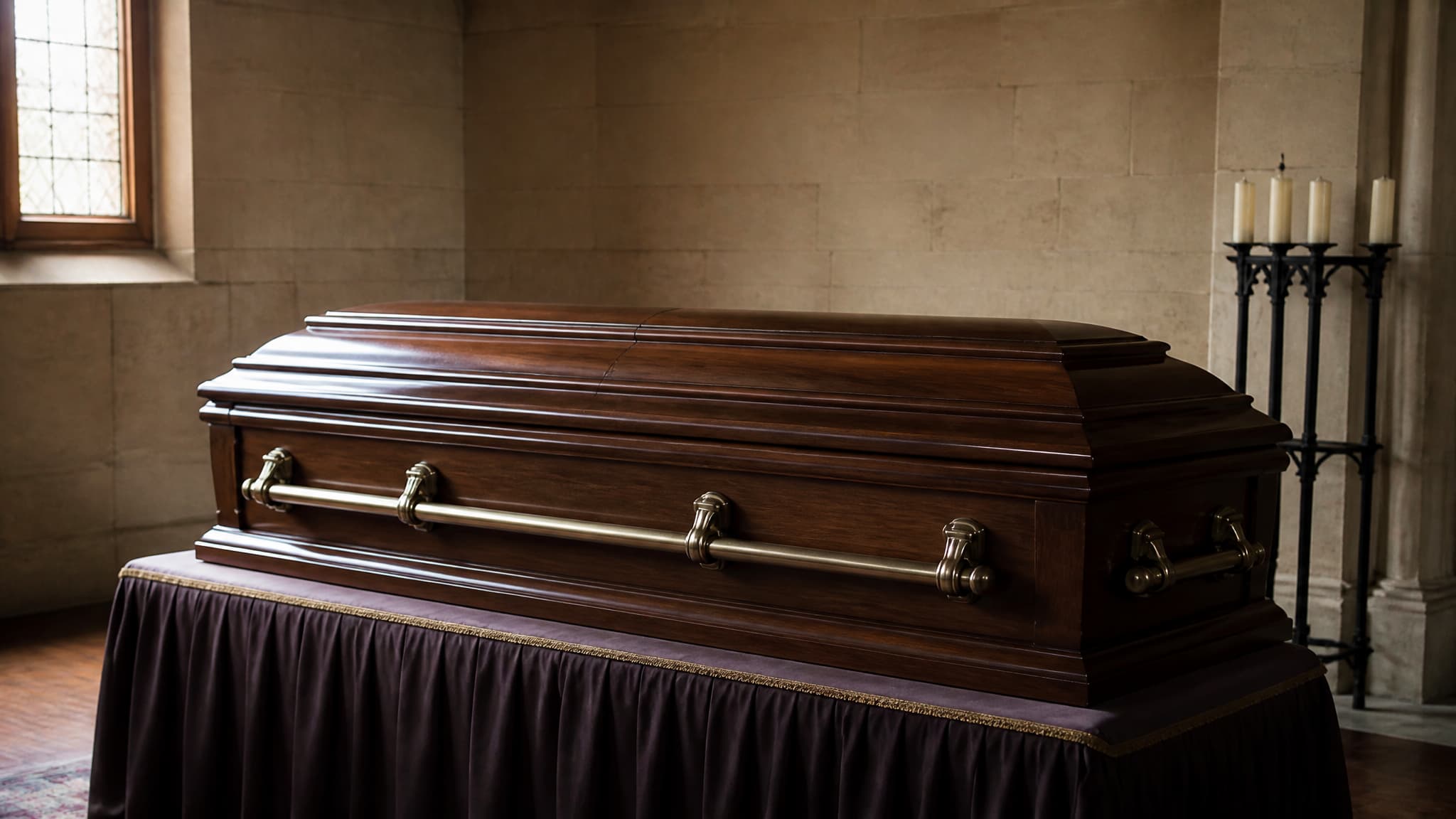 A polished wooden casket with brass rail handles resting on a bier in a quiet chapel