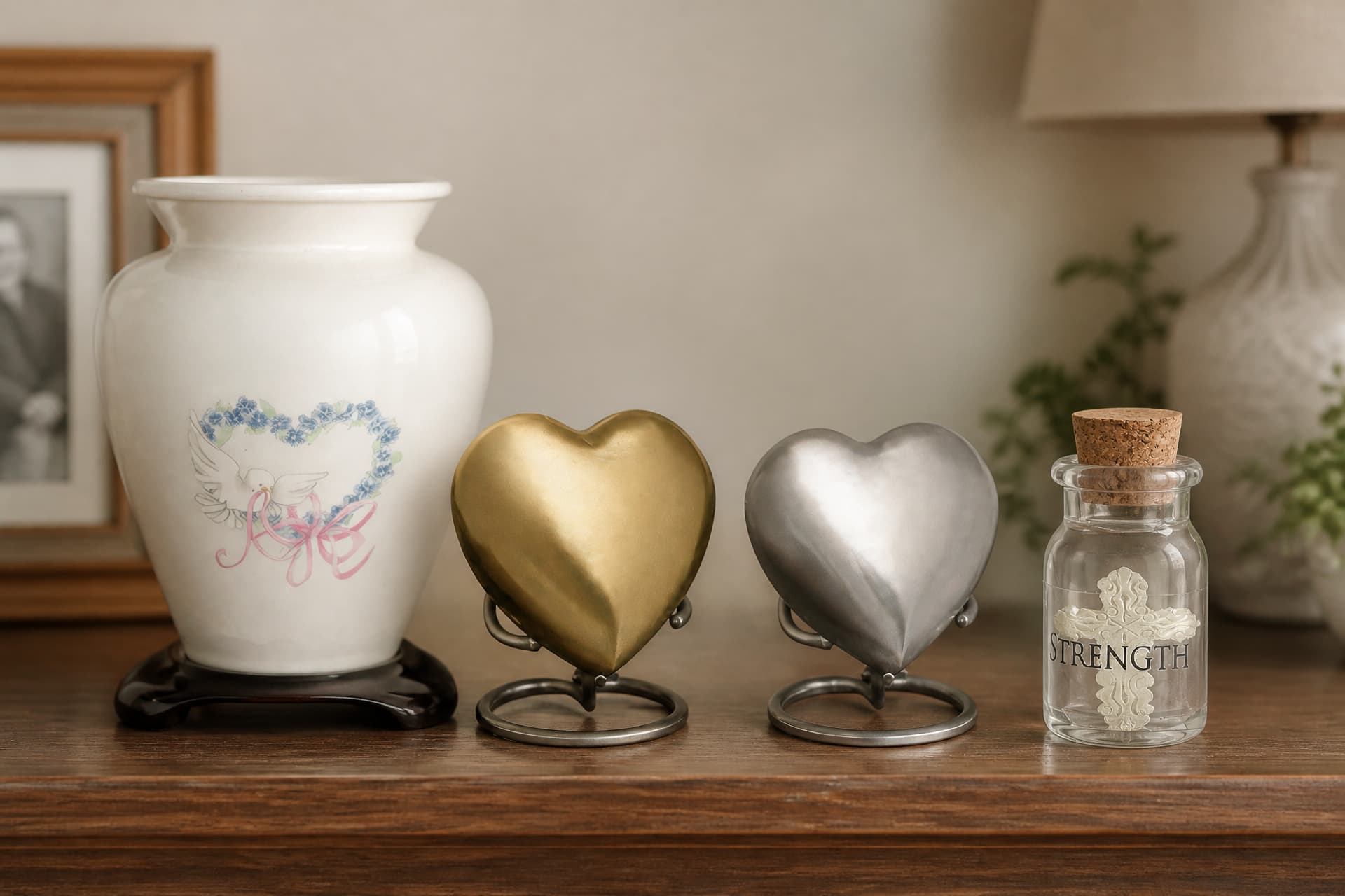 A white ceramic keepsake vase with a painted dove, two heart keepsakes in gold and pewter on stands, and a small glass keepsake bottle with a cork stopper