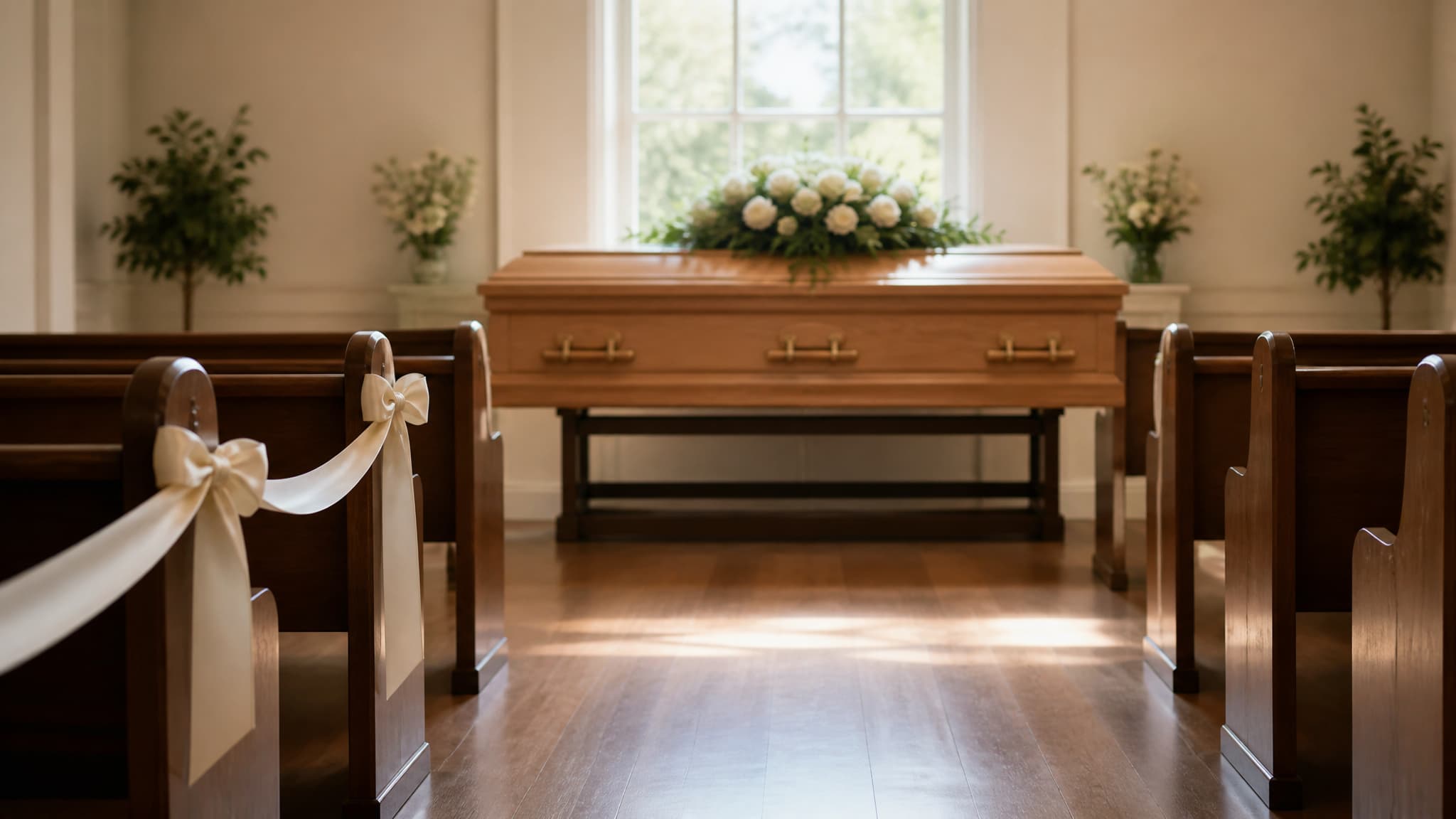 A chapel interior with a light oak casket at the front and the first two pews marked with ivory ribbons