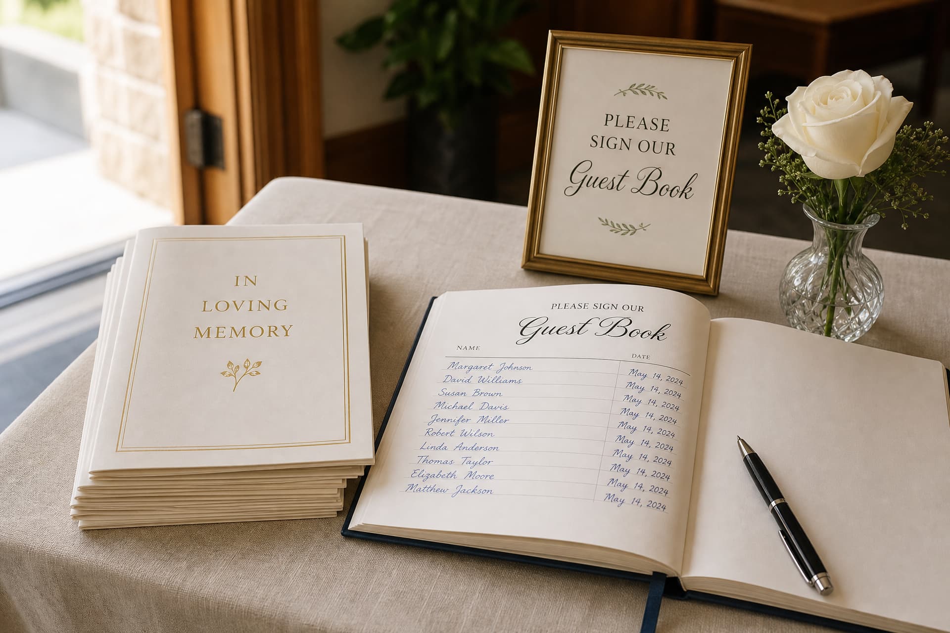 A linen-covered welcome table inside a chapel entrance holding a stack of folded funeral programs, an open guest book with handwritten names, a pen and a single white rose