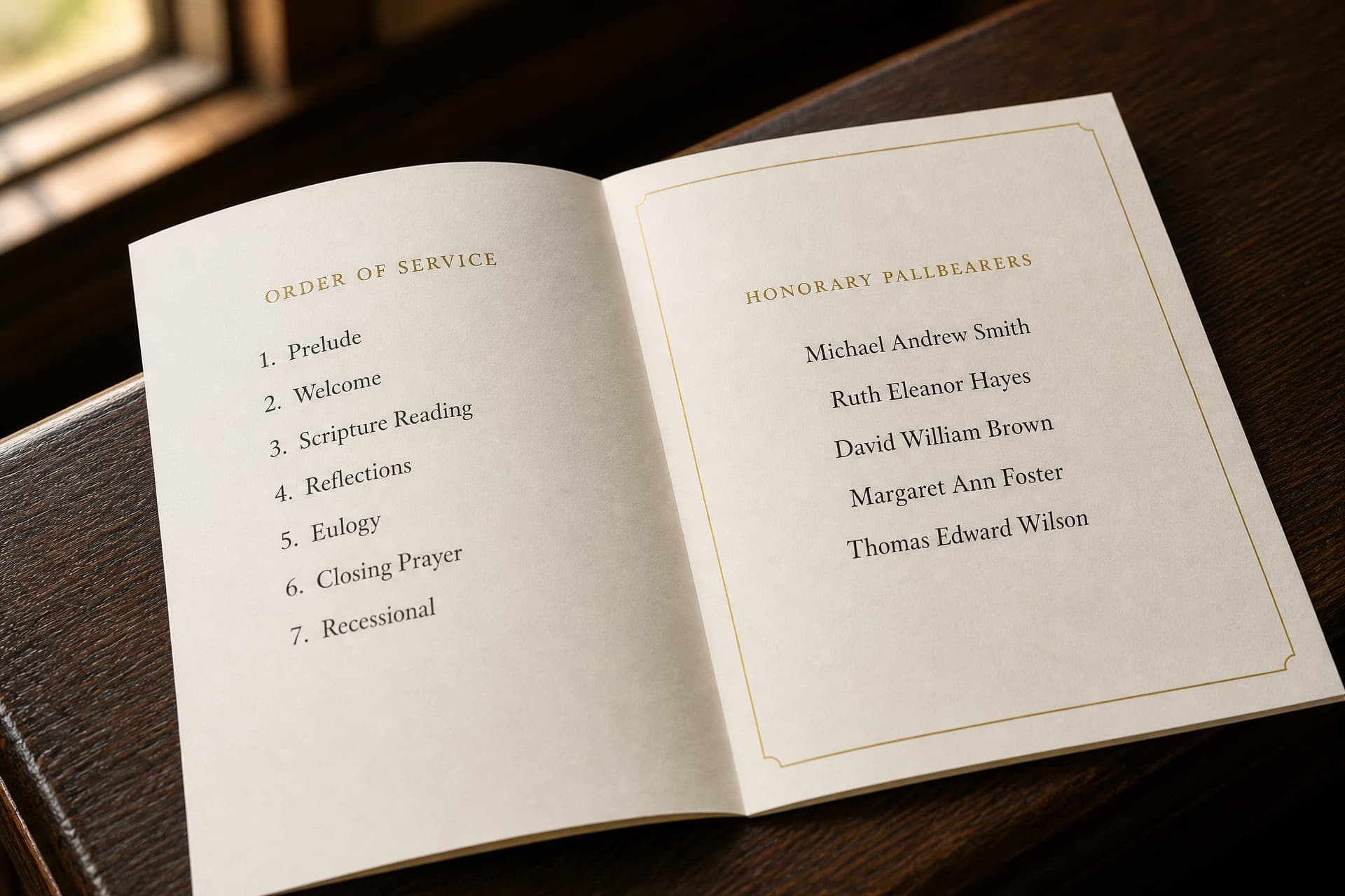 An open funeral order of service on a wooden pew, the left page listing the running order and the right page headed Honorary Pallbearers above five names