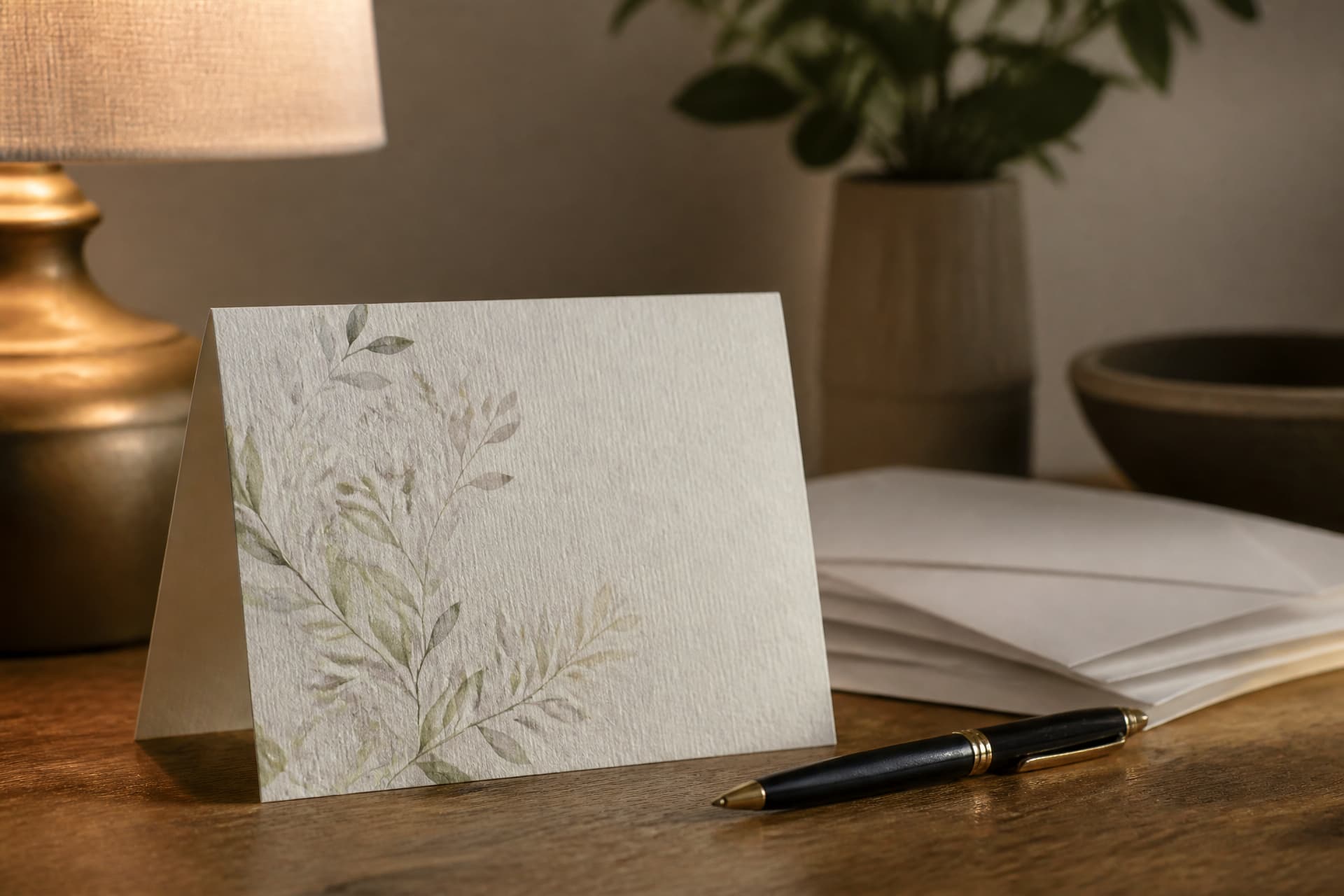 A folded thank-you card standing on a table beside a pen and a small stack of blank envelopes, warm lamplight