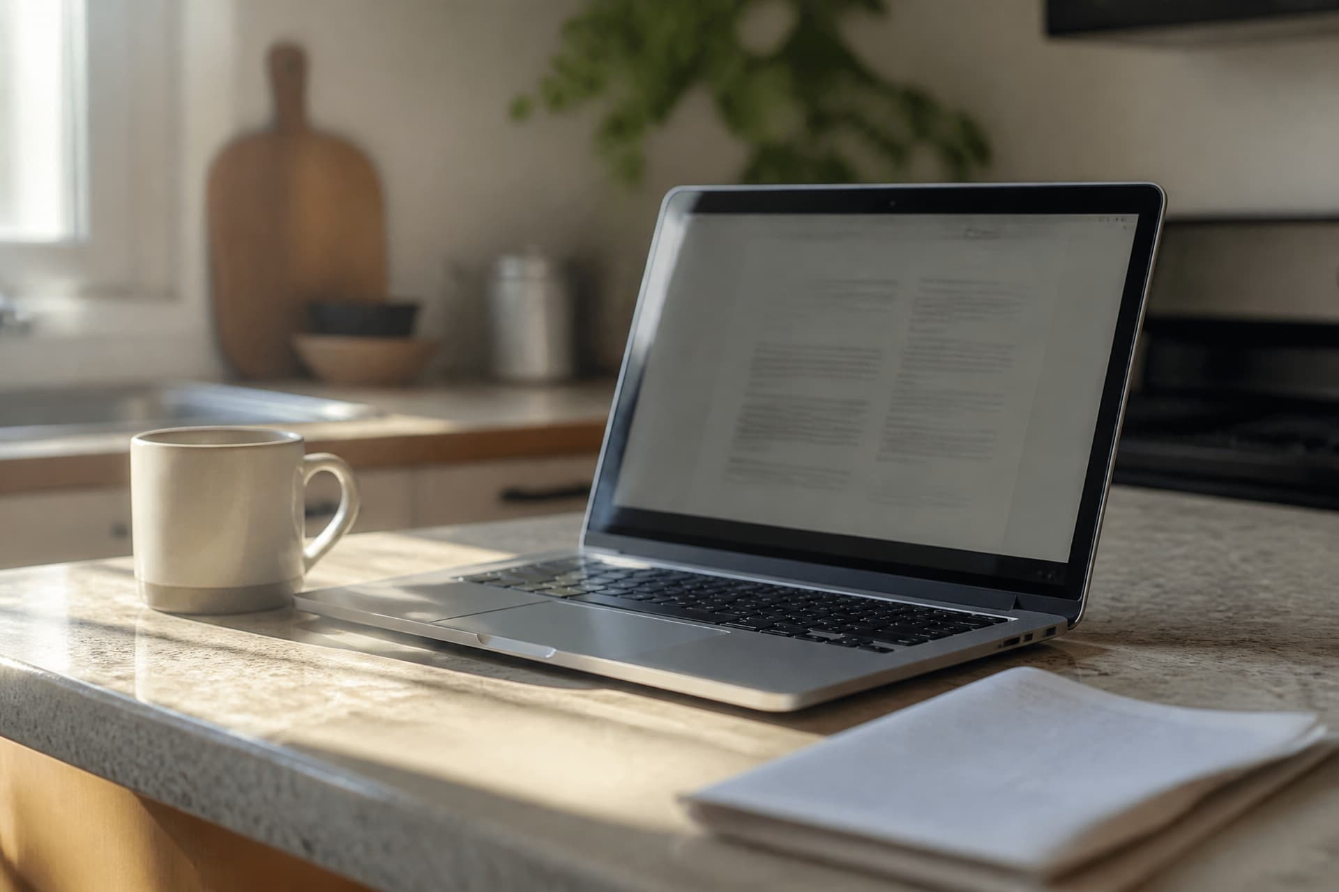 A laptop open at an angle on a kitchen counter beside a mug and a folded piece of paper, in soft afternoon light