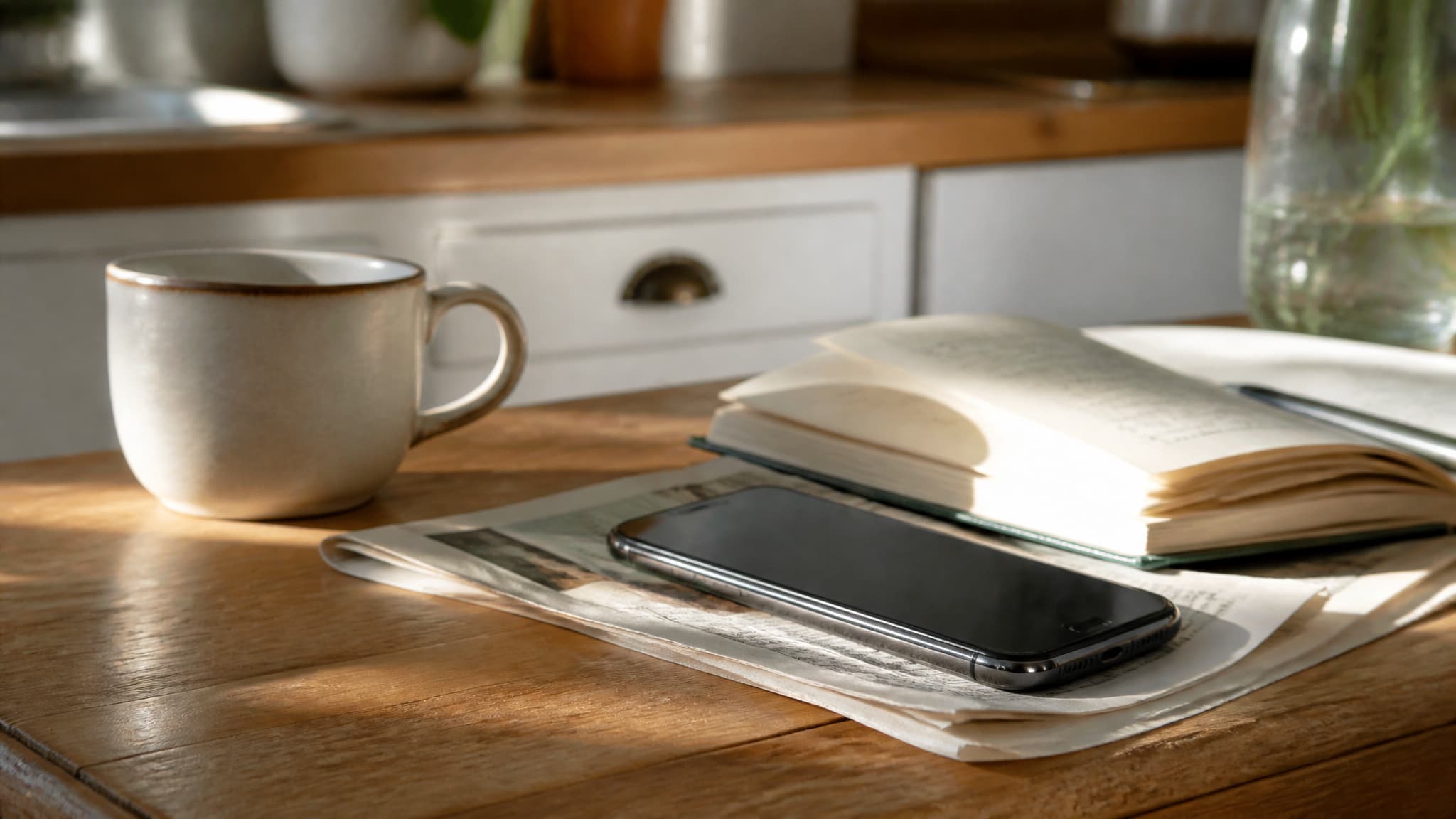 A phone lying on a kitchen table beside an open notebook and a mug, with a folded printed page under the phone, in warm daylight