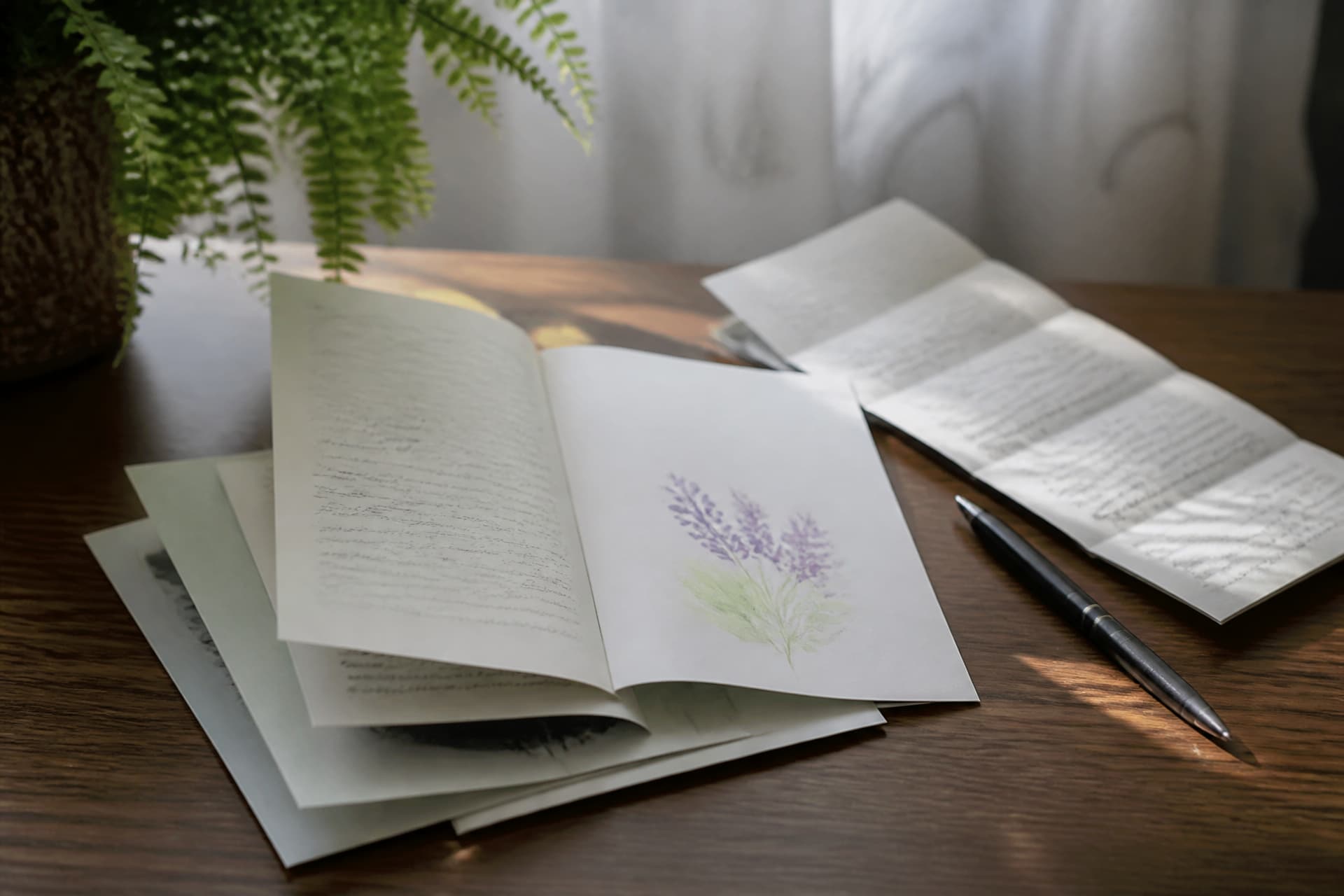 A small stack of opened sympathy cards on a table beside a pen and a folded printed page, soft daylight