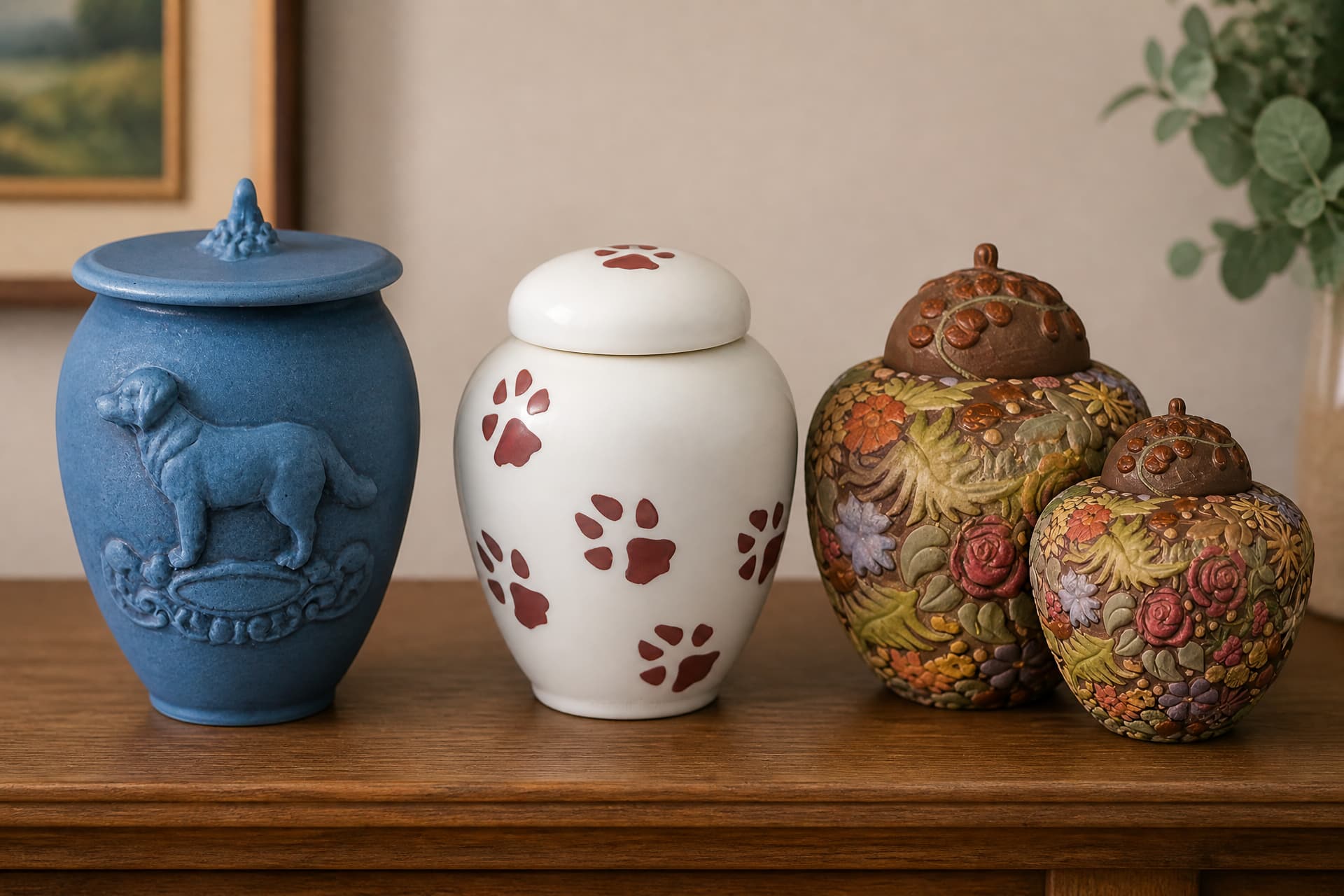 Three ceramic pet cremation urns in different designs and price points on a home shelf