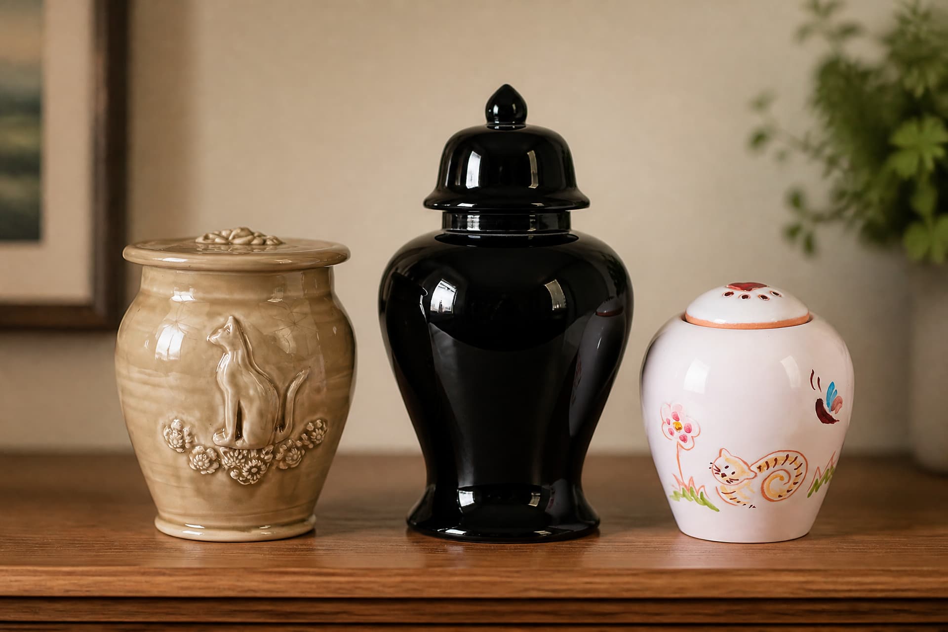 Three decorative ceramic pet urns showing the range of styles available at mid-range prices