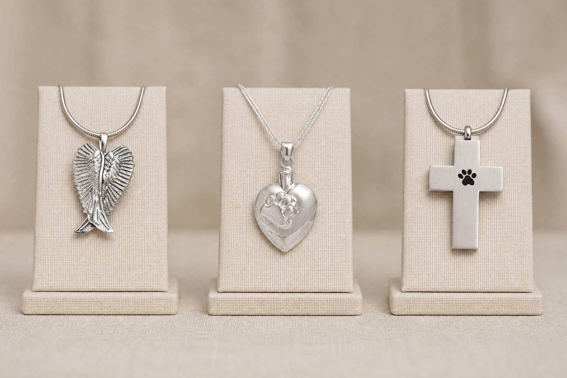 Three more pet cremation pendant styles on display stands, including angel wings and a cross paw design