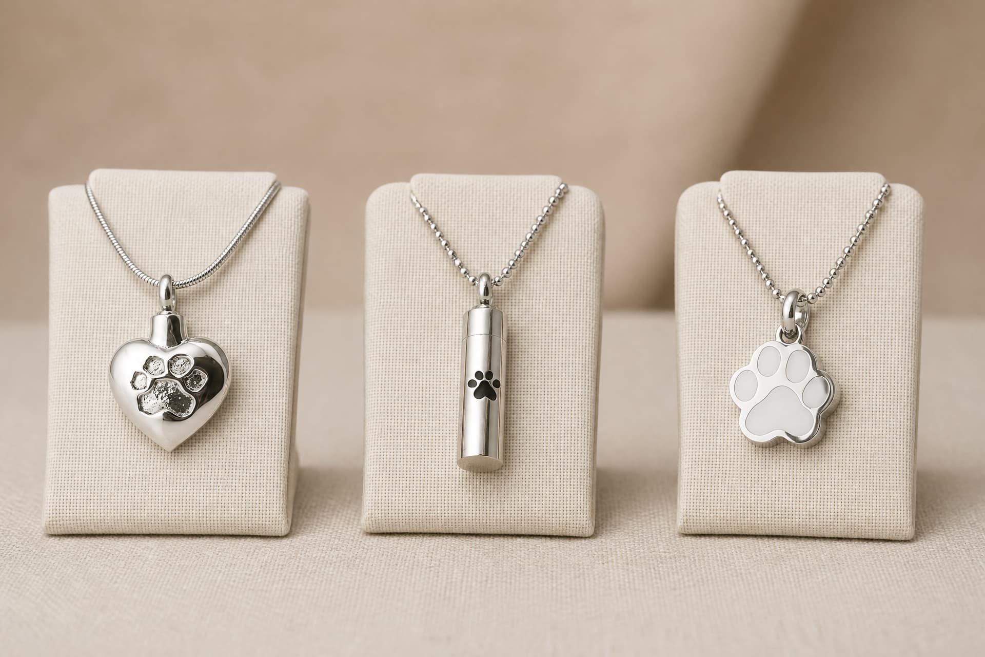 Three pet cremation pendants on display stands: a paw print heart, a cylinder and a paw-shaped charm