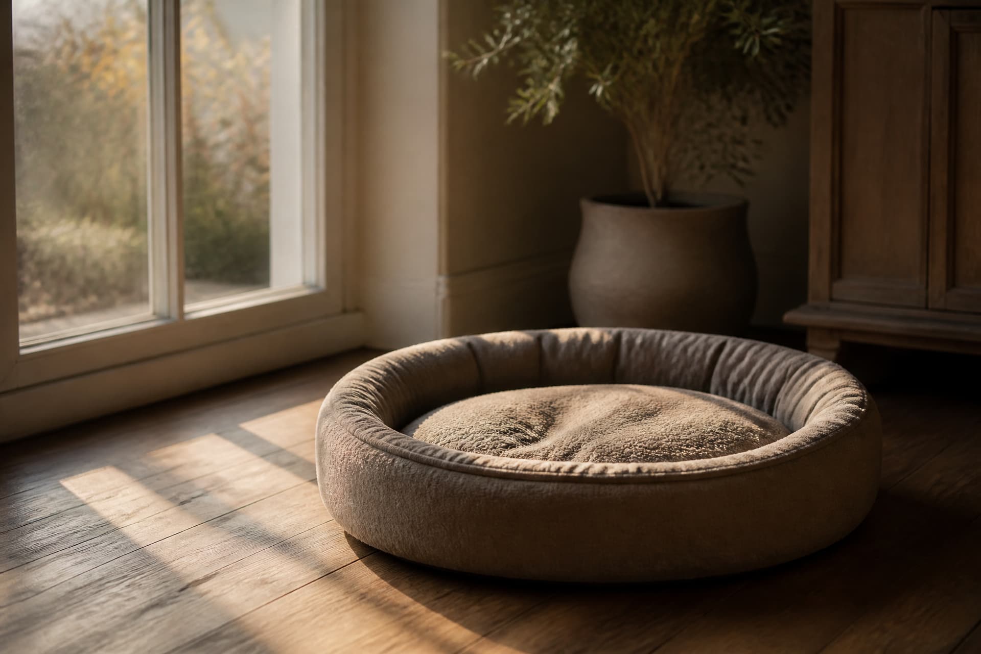 An empty round dog bed on a wooden floor beside a tall window, with afternoon light falling across the floorboards