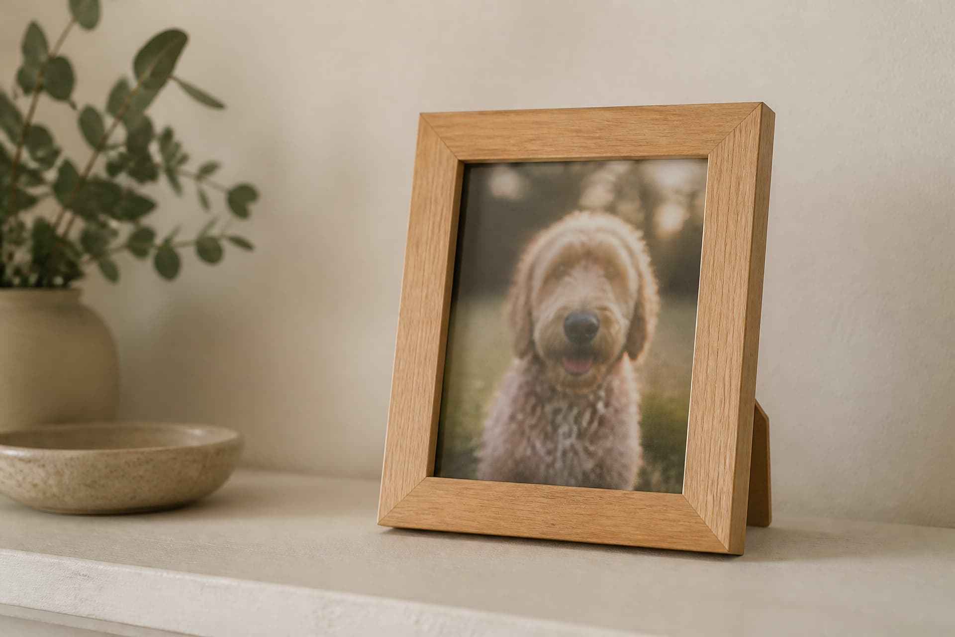 A light wooden picture frame standing on a pale shelf, holding a photograph of a curly-coated dog