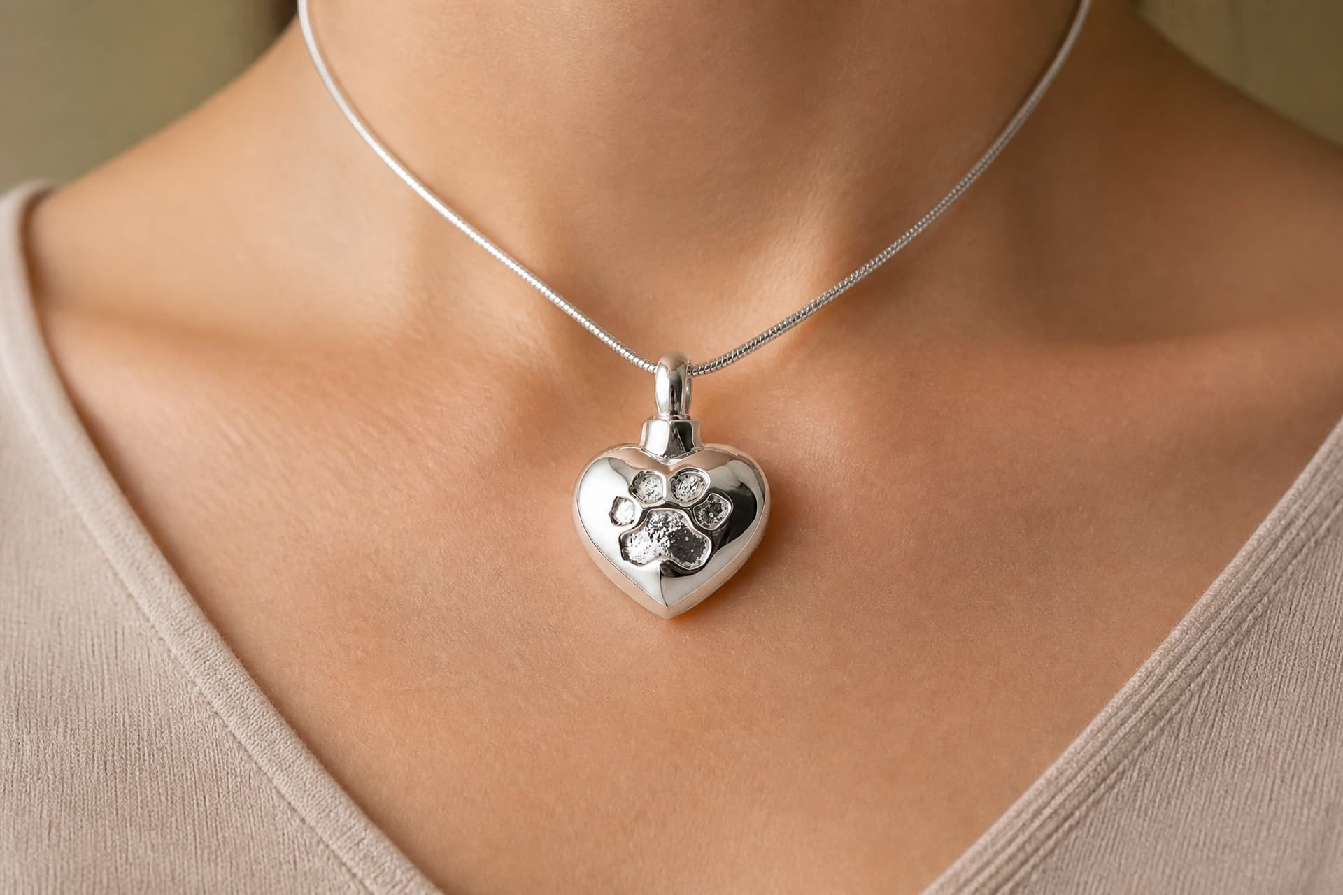 A polished silver heart-shaped cremation pendant with a raised paw print, worn on a fine chain