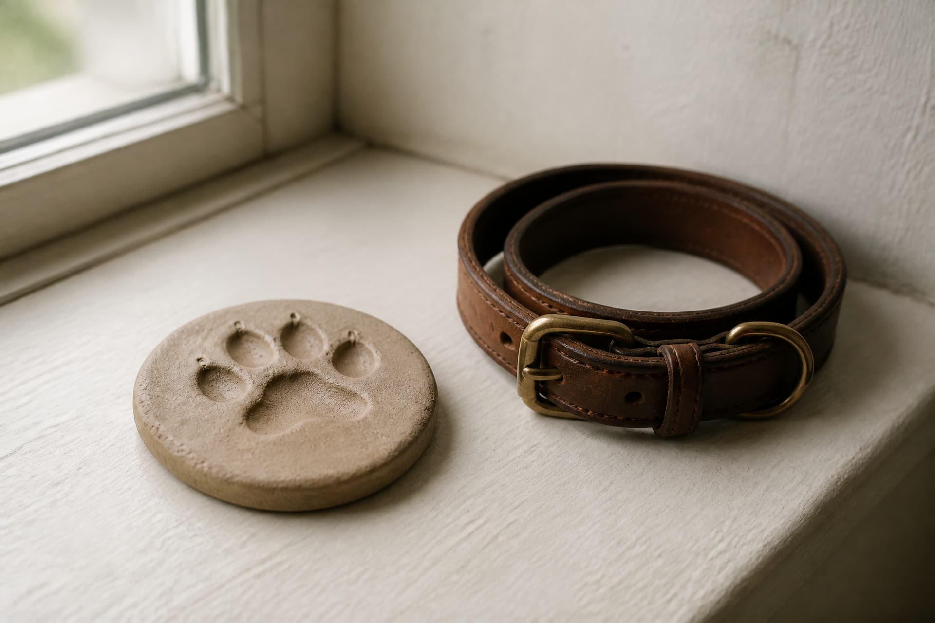 A small round clay paw print impression resting on a pale windowsill beside a coiled leather collar
