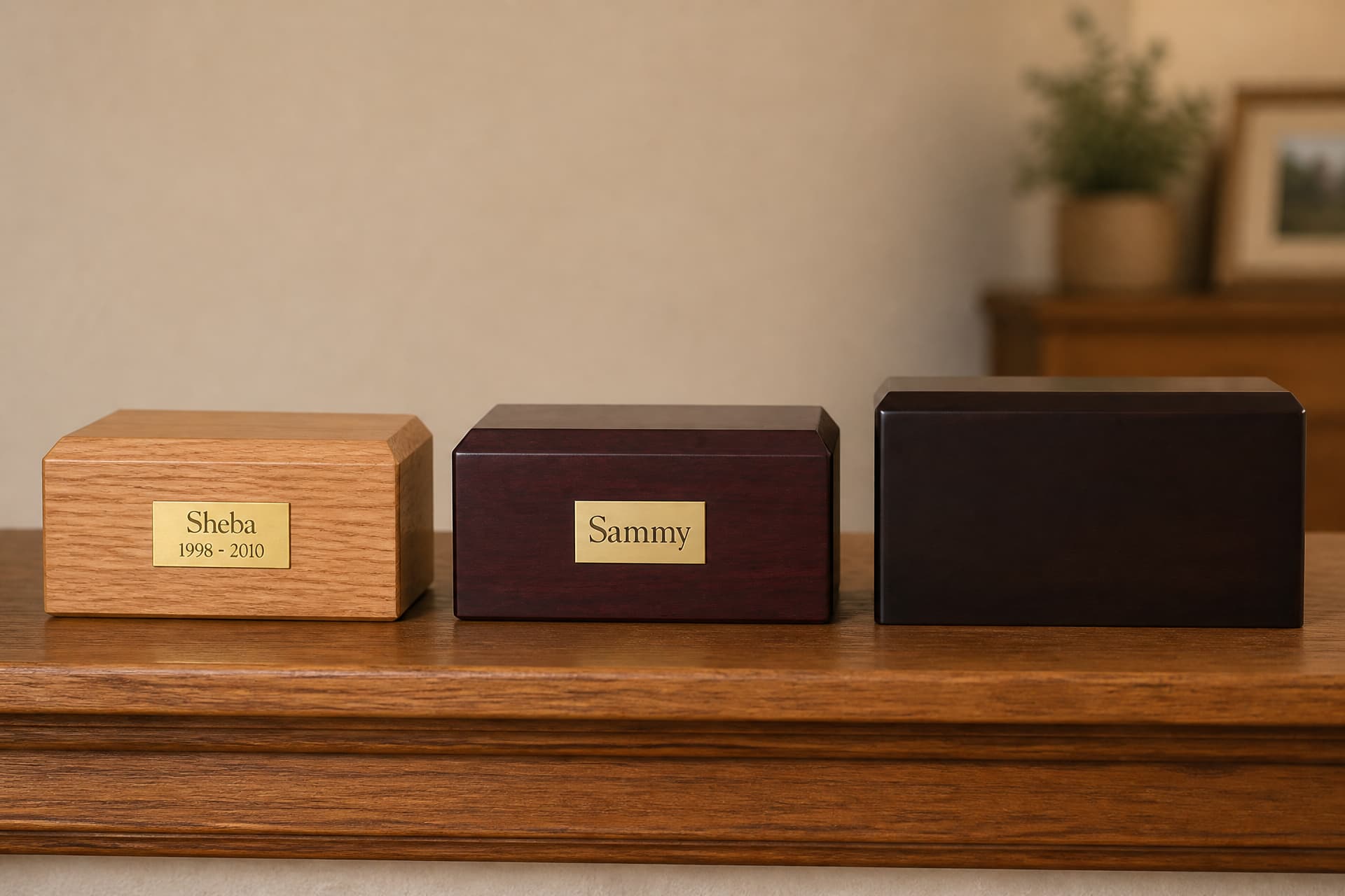 Three wooden pet cremation urns in oak, walnut and cherry standing side by side on a shelf at home