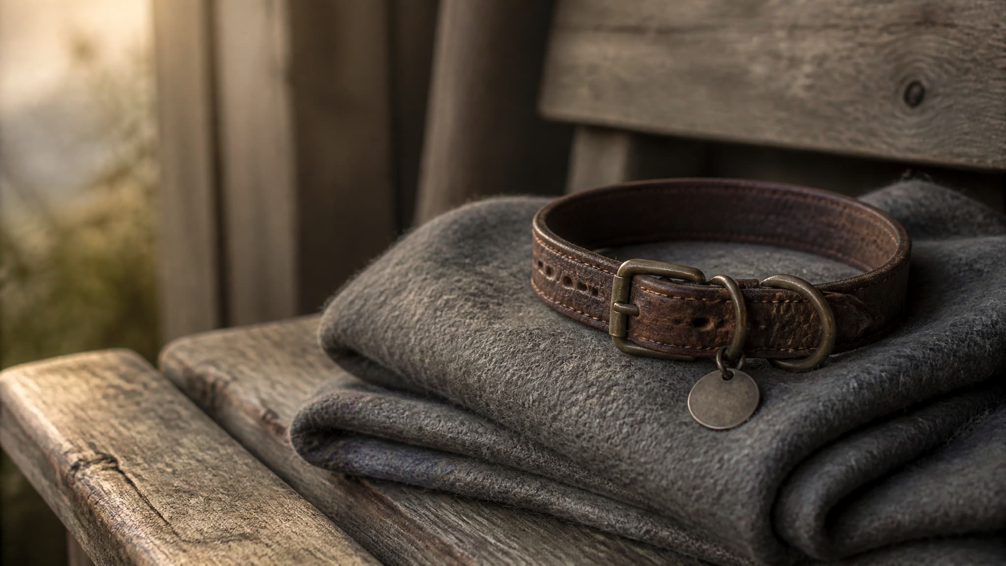 A worn leather dog collar and a folded blanket resting on a wooden bench in soft morning light