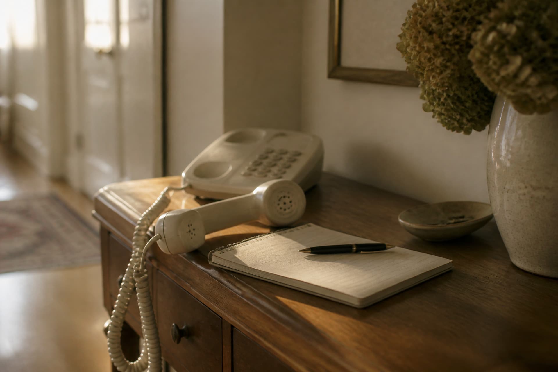 A landline handset resting off its cradle on a hall table beside a notepad and a pen, soft afternoon light