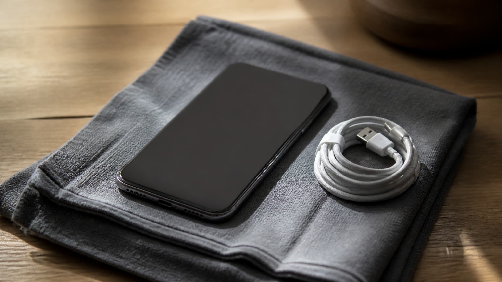 A switched-off smartphone lying on a folded cloth on a wooden table beside a charging cable, in soft daylight
