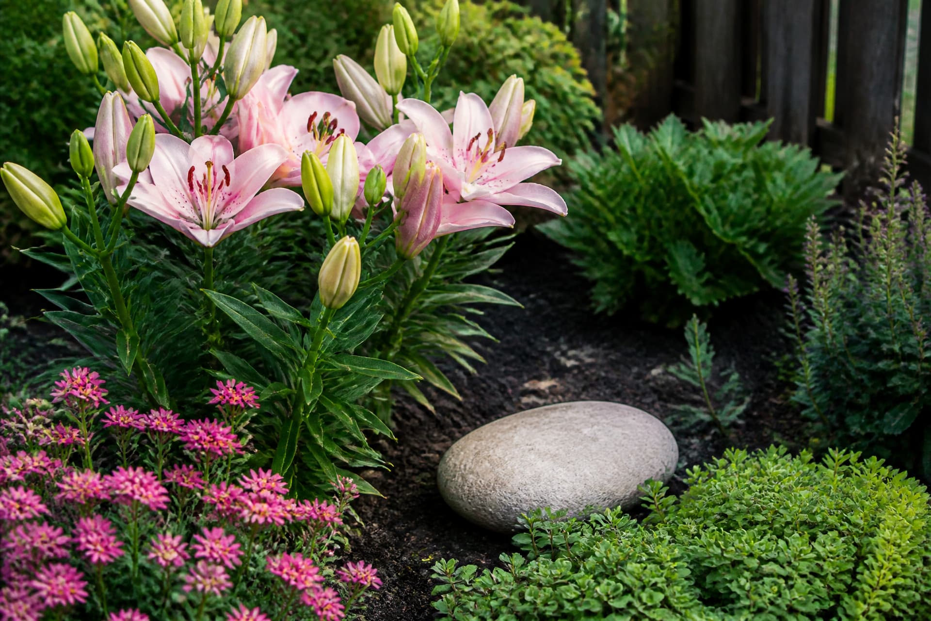 A planted garden bed in afternoon light with pink lilies in flower, low pink and green ground cover around them, and a smooth pale unengraved stone resting in the soil