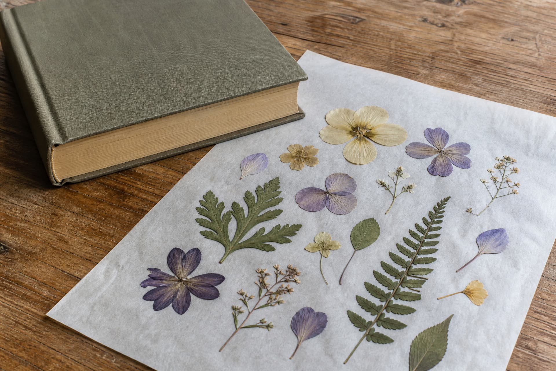 Pressed petals, ferns and leaves laid out in rows on a sheet of parchment paper on a wooden table, a heavy plain hardback book closed beside them