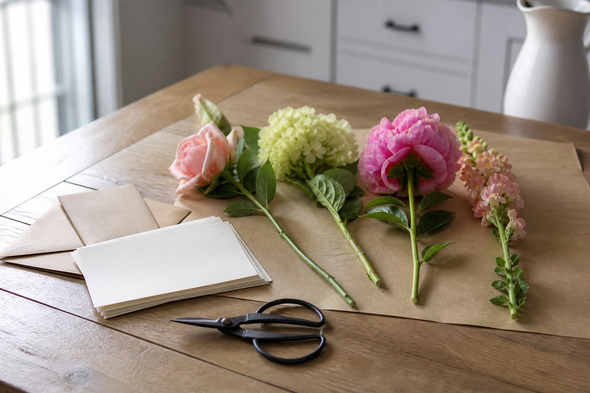 A stack of blank florist's cards and kraft envelopes on a kitchen table beside a pair of black scissors, with a rose, a hydrangea, a peony and a snapdragon laid out on brown wrapping paper