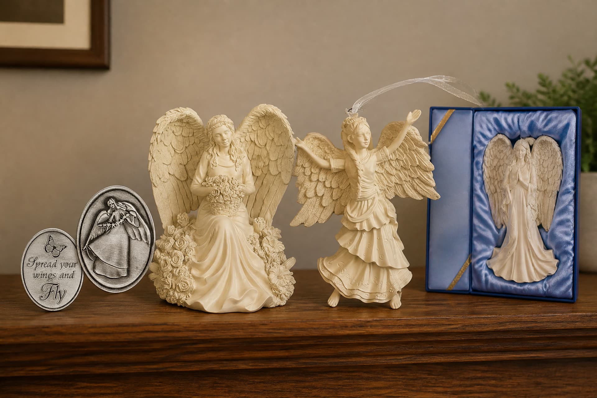 Two oval pewter tokens propped on a wooden shelf, a seated cast angel holding a basket of roses, a standing angel ornament on a ribbon, and a fourth angel seated in an open blue satin gift box