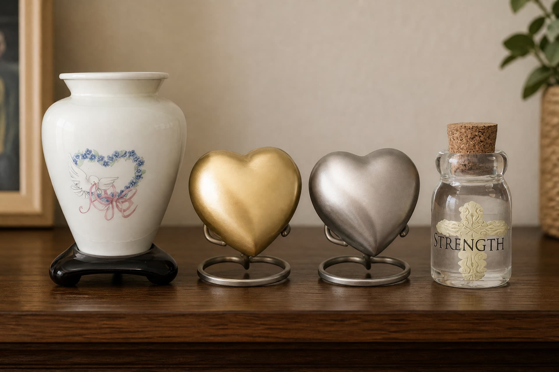 A ceramic memorial vase, two heart keepsakes on stands and a small glass bottle charm arranged together on a wooden shelf