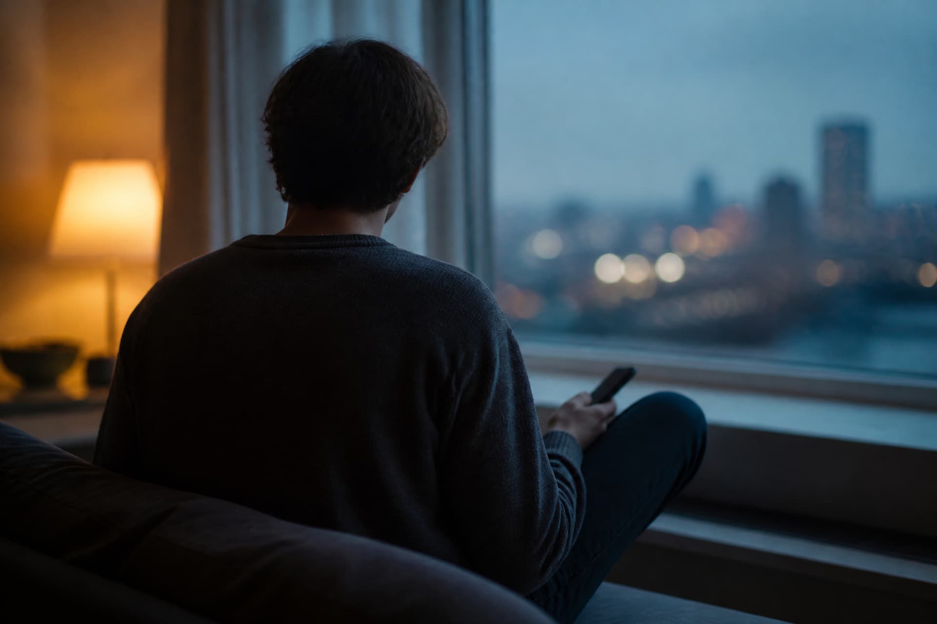 A person sitting by a window at dusk holding a phone, seen from behind in silhouette with the screen not visible