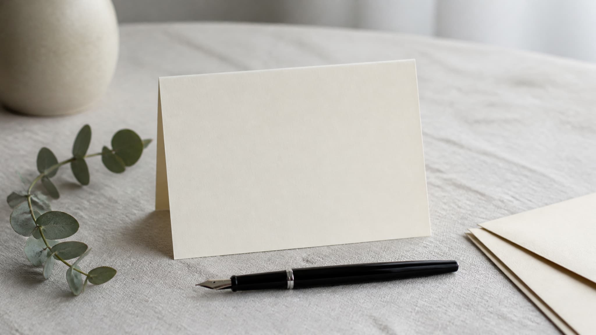 A small cream note card standing open on a pale linen surface beside a sprig of eucalyptus and a fountain pen in soft daylight