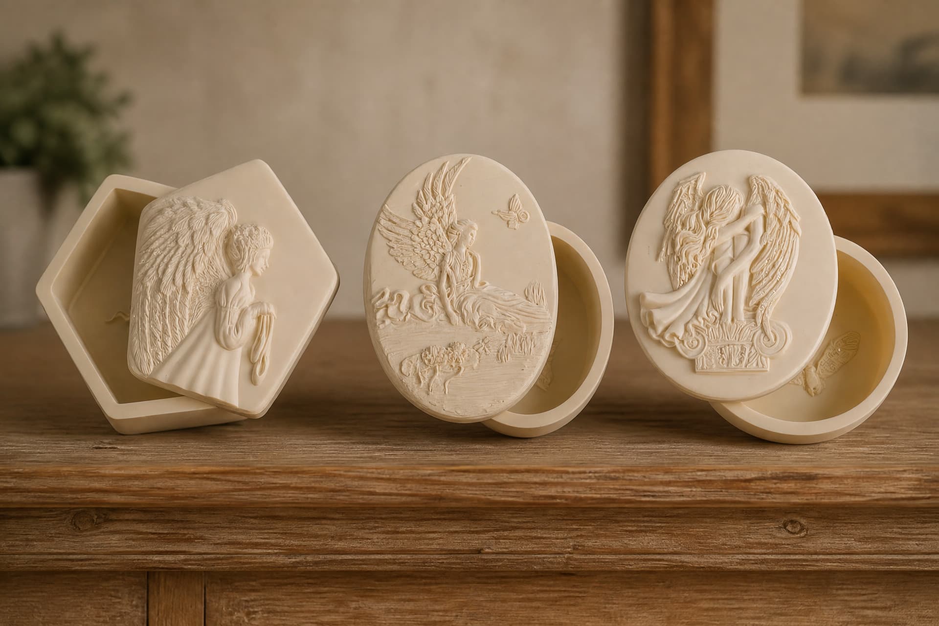 Three small angel keepsake boxes with sculpted lids arranged on a wooden shelf in warm indoor light