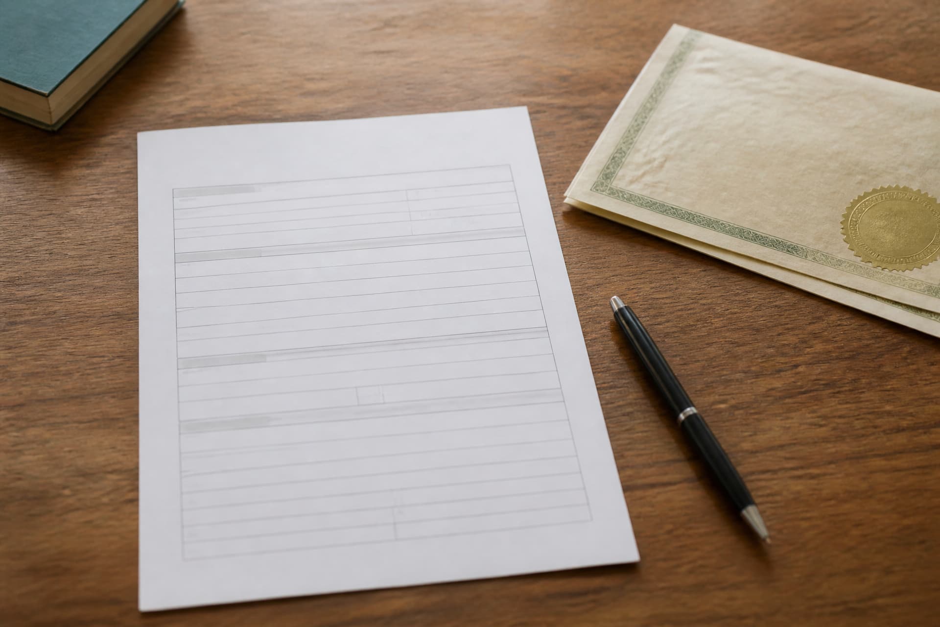 A blank printed legal form on a desk beside a pen and a folded certified document, flat overhead daylight
