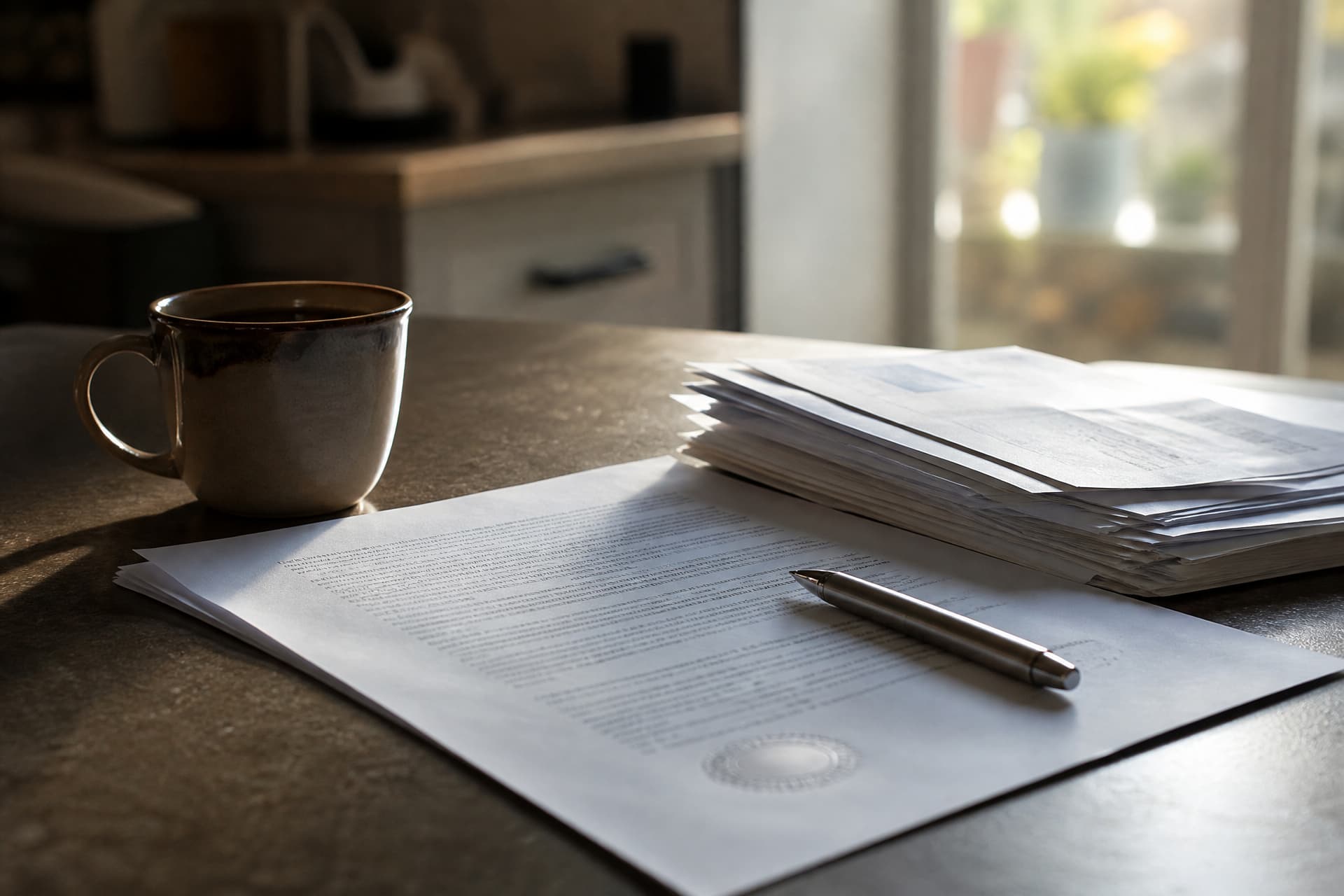 A notarized document and a pen on a kitchen table beside a coffee cup and a small stack of statements, morning light