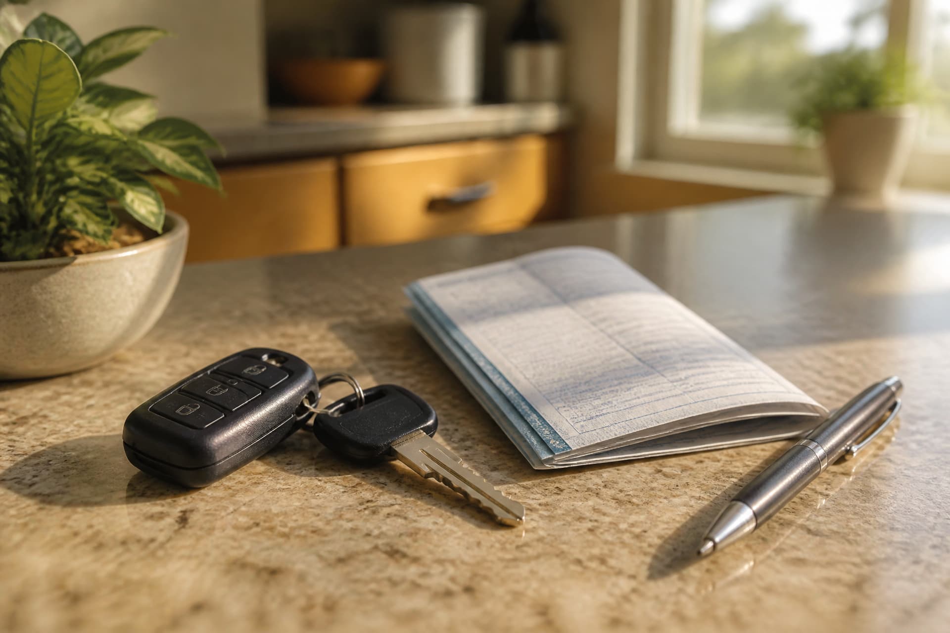 A set of car keys and a folded vehicle document resting on a kitchen counter beside a pen, warm daylight
