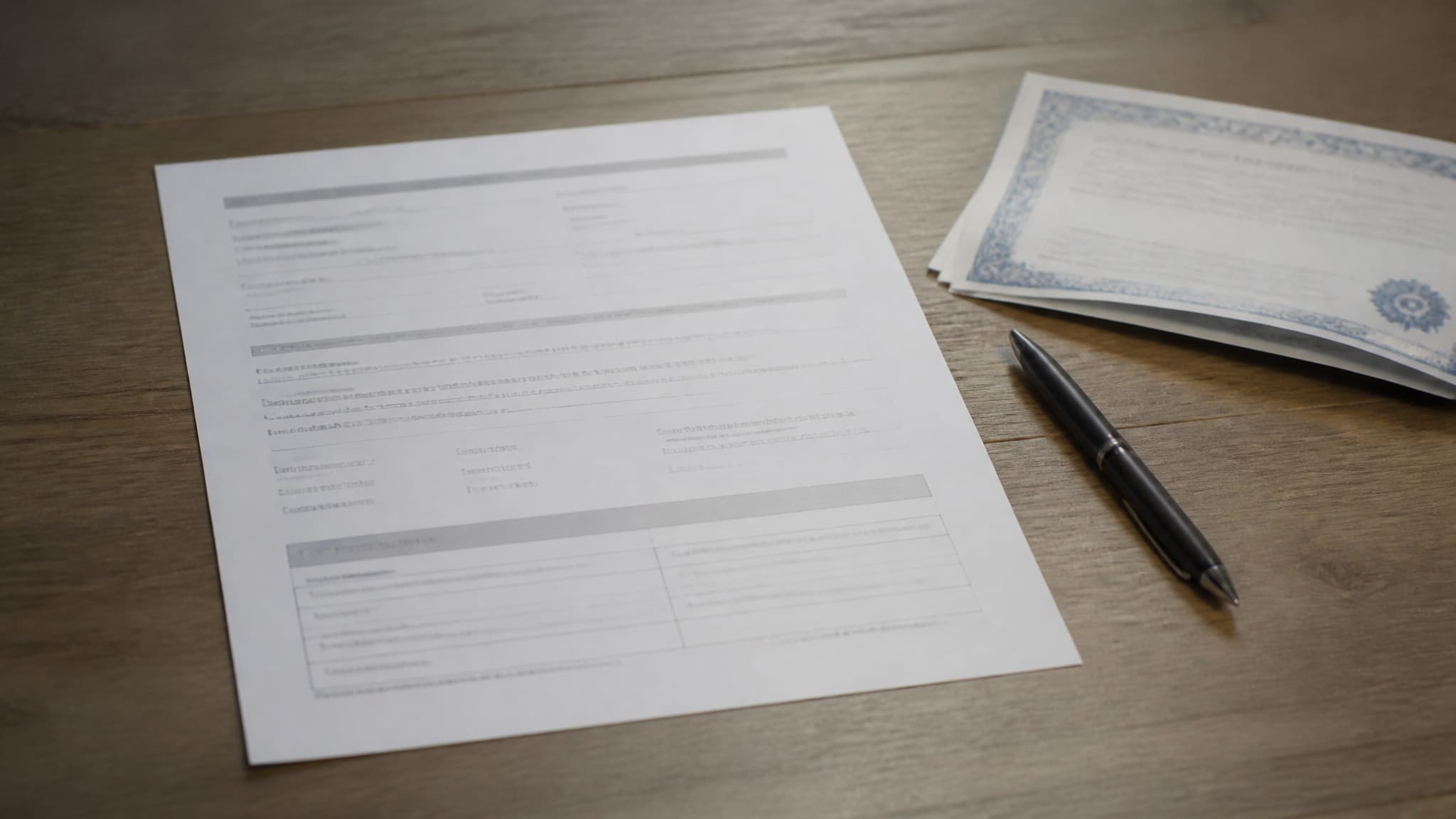 A single printed form on a plain desk beside a pen and a folded certified document, in flat daylight