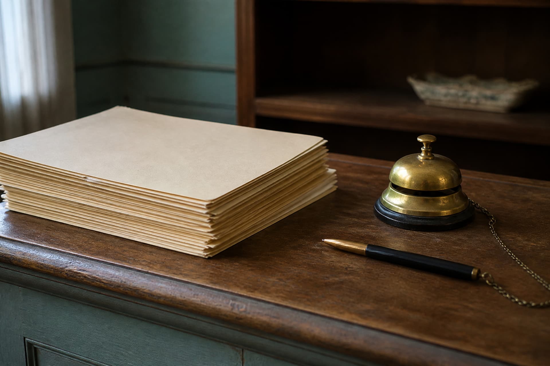A stack of manila document folders on a plain wooden counter beside a small brass bell and a pen on a chain
