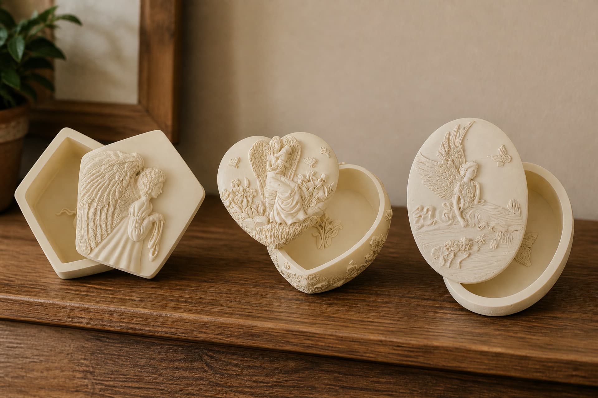 3 memorials shown resting on a wooden shelf in a family home