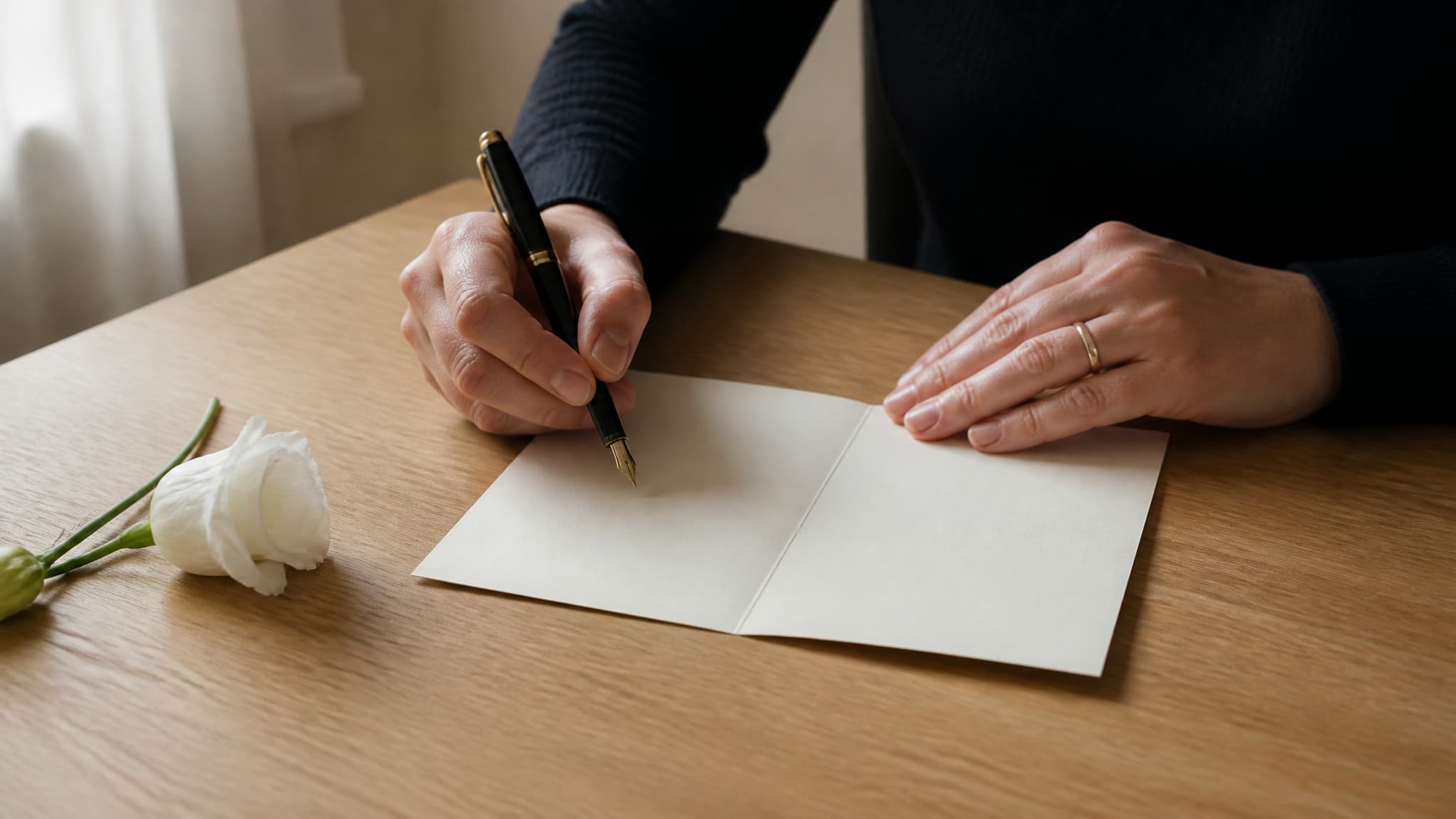 A person writing in an open cream sympathy card at a kitchen table, a single white flower beside them