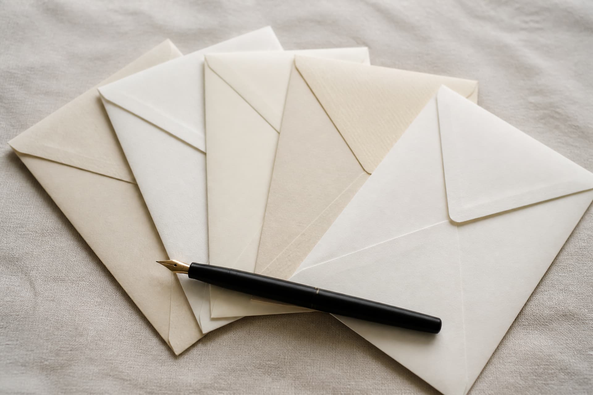 Several blank cream and ivory sympathy envelopes fanned across a linen cloth with a fountain pen
