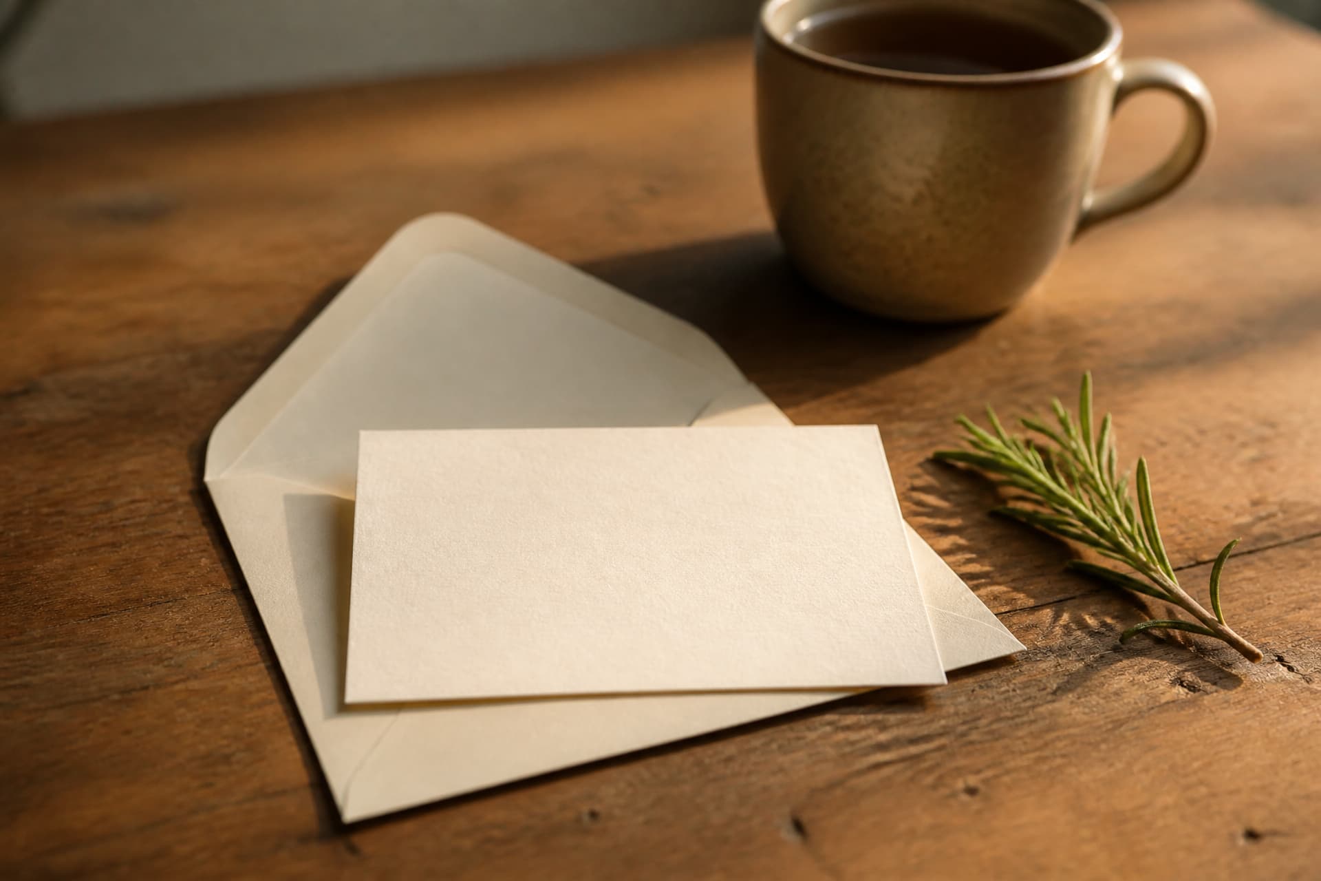 A small blank note card resting on an open envelope beside a sprig of rosemary and a mug of tea