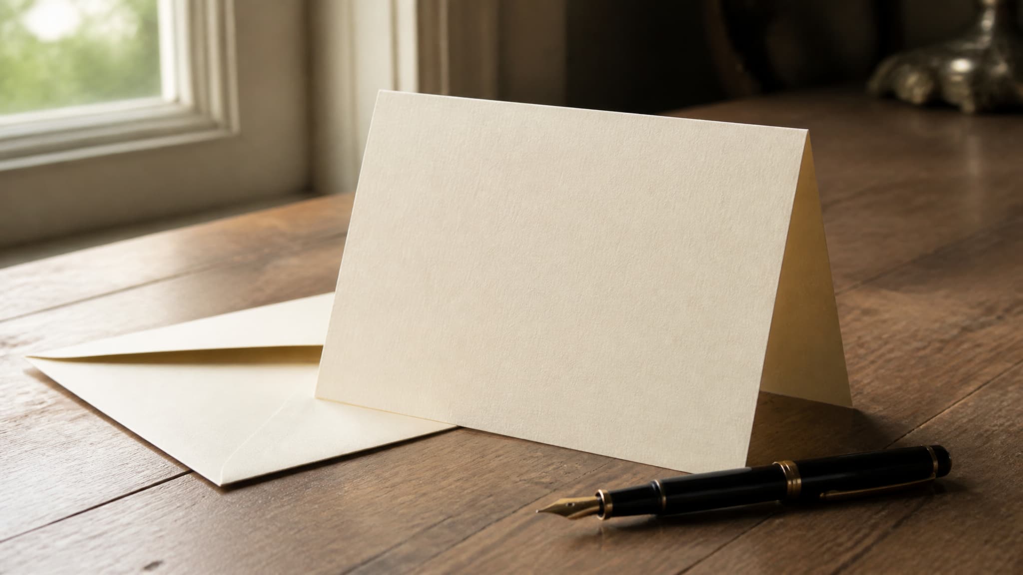 A blank cream folded card standing open on a wooden table beside its envelope, a black fountain pen laid alongside, daylight from a window behind