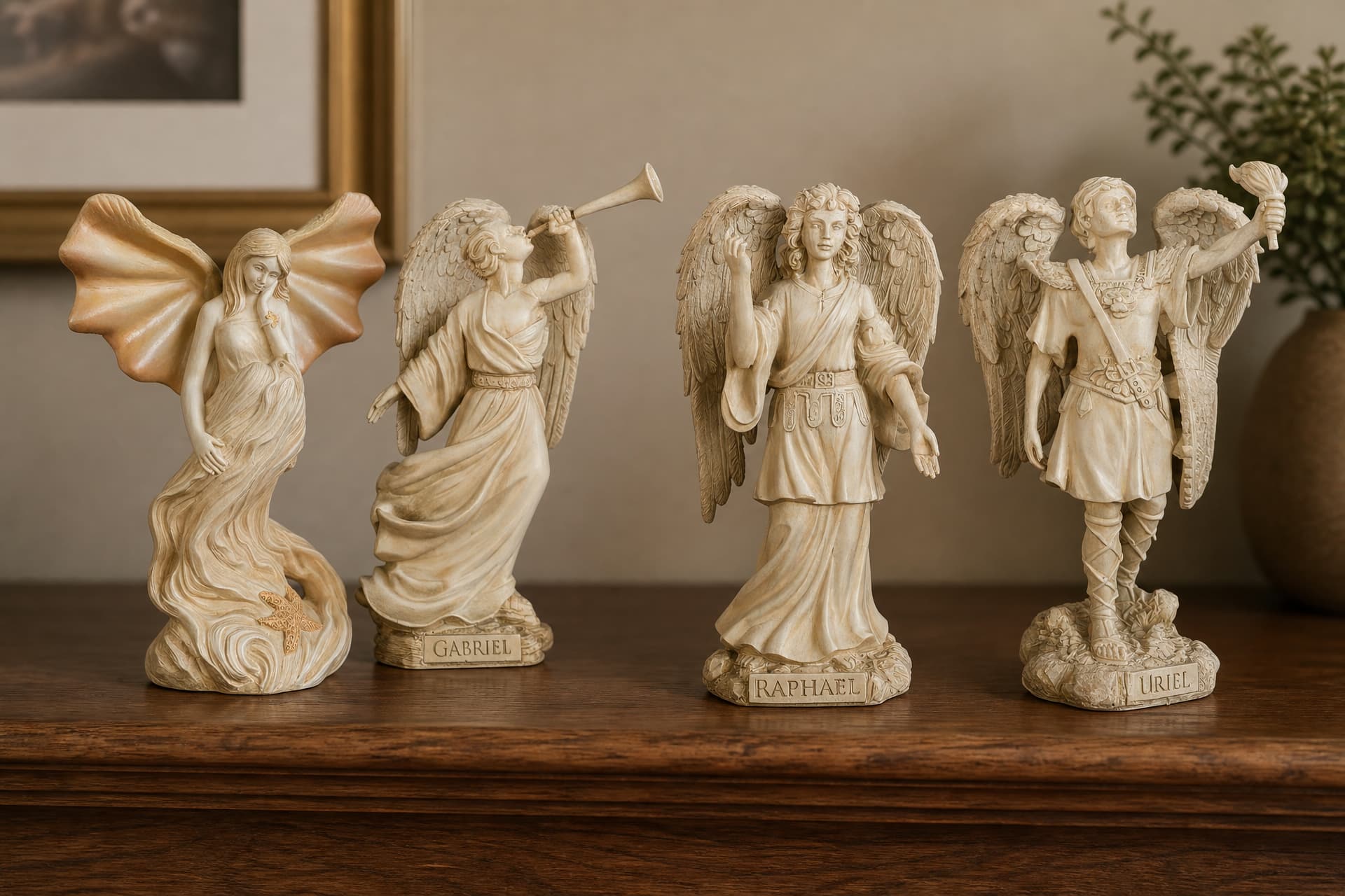 Four cast angel figures standing along a wooden sideboard, one with wide shell-like wings, one raising a trumpet, and two on named plinths