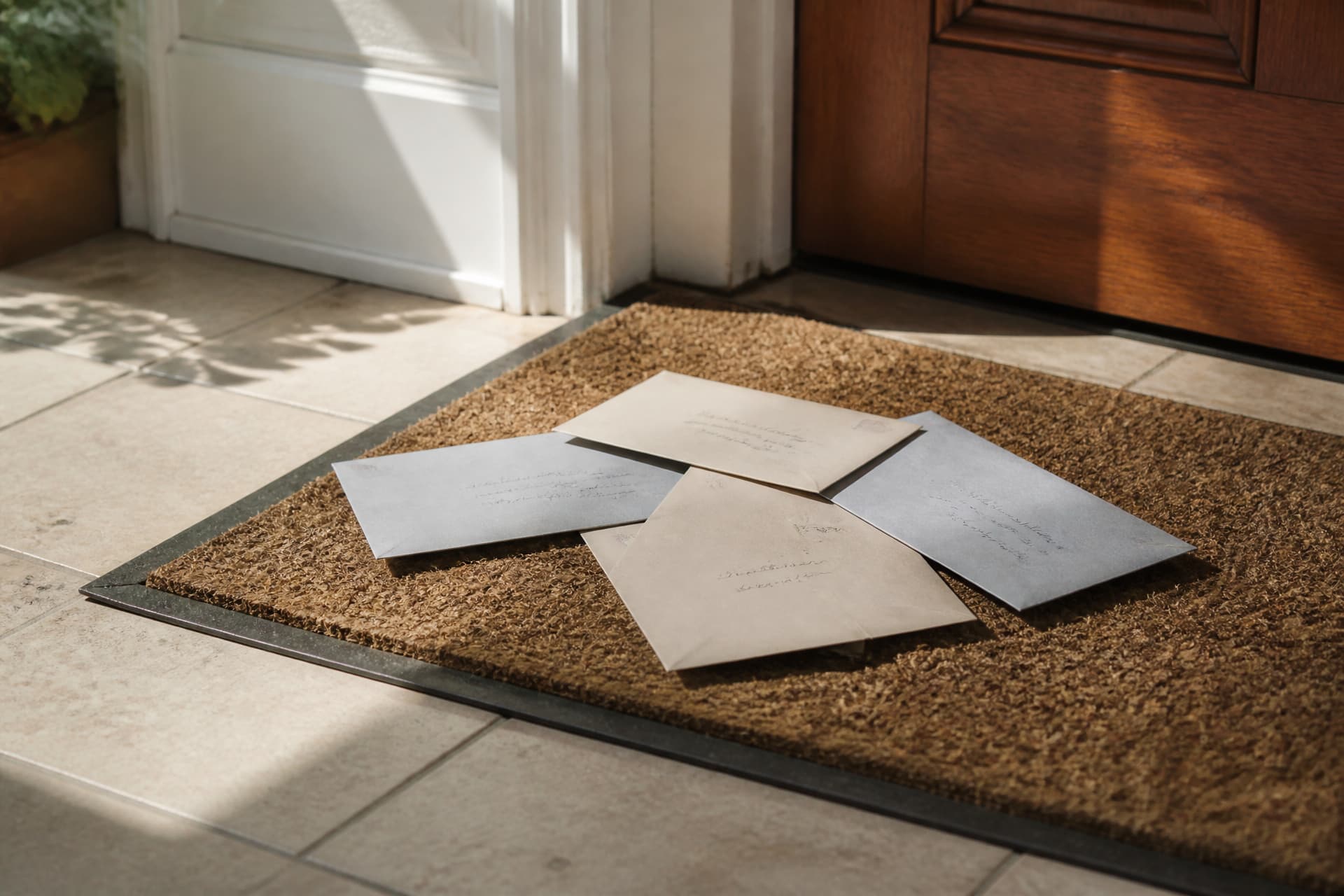 Four hand-addressed cream and grey envelopes lying scattered on a coir doormat inside an open front door, sunlight falling across the tiled floor