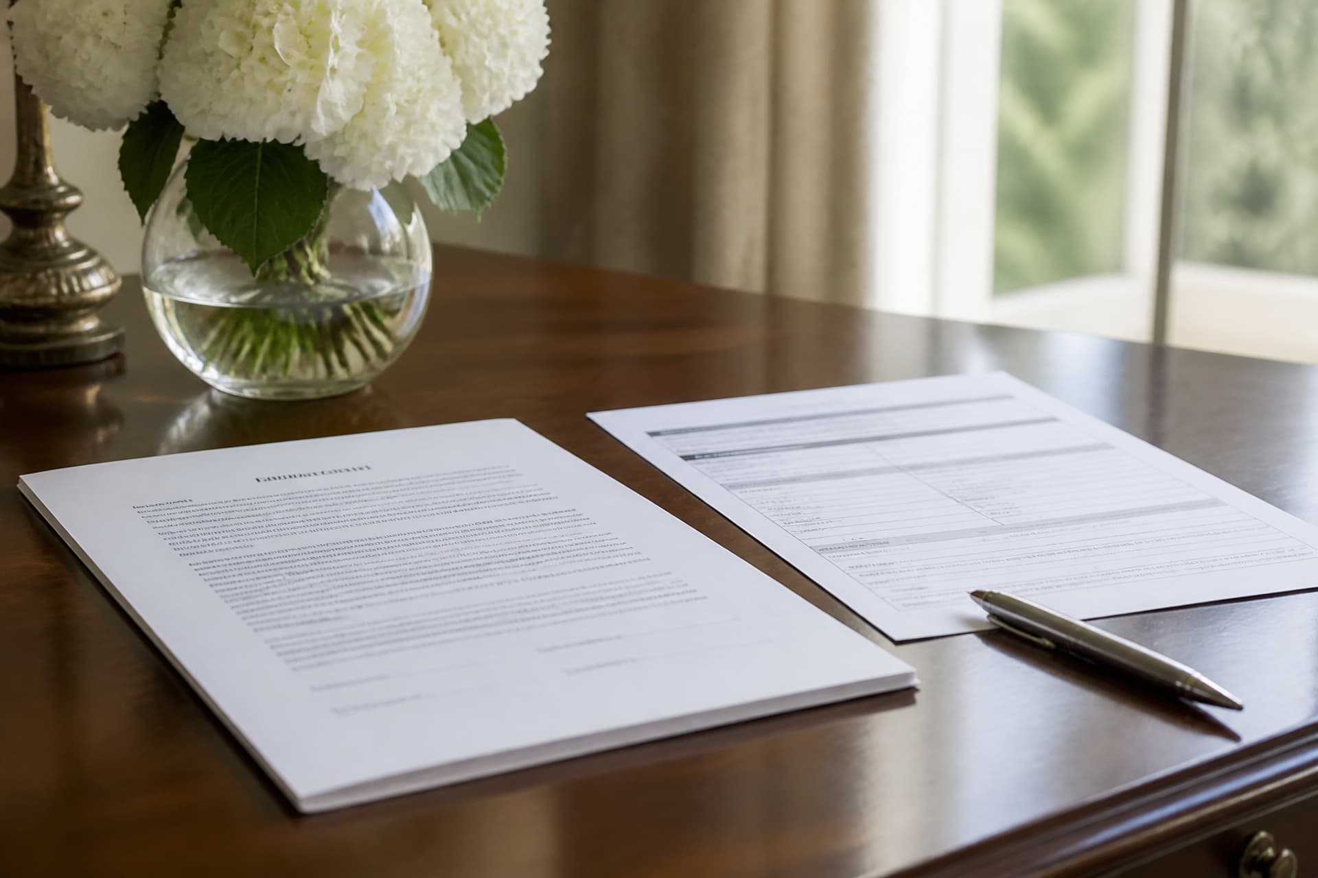 An insurance policy document and a printed form on a polished desk beside a pen and a small vase of white flowers, soft daylight