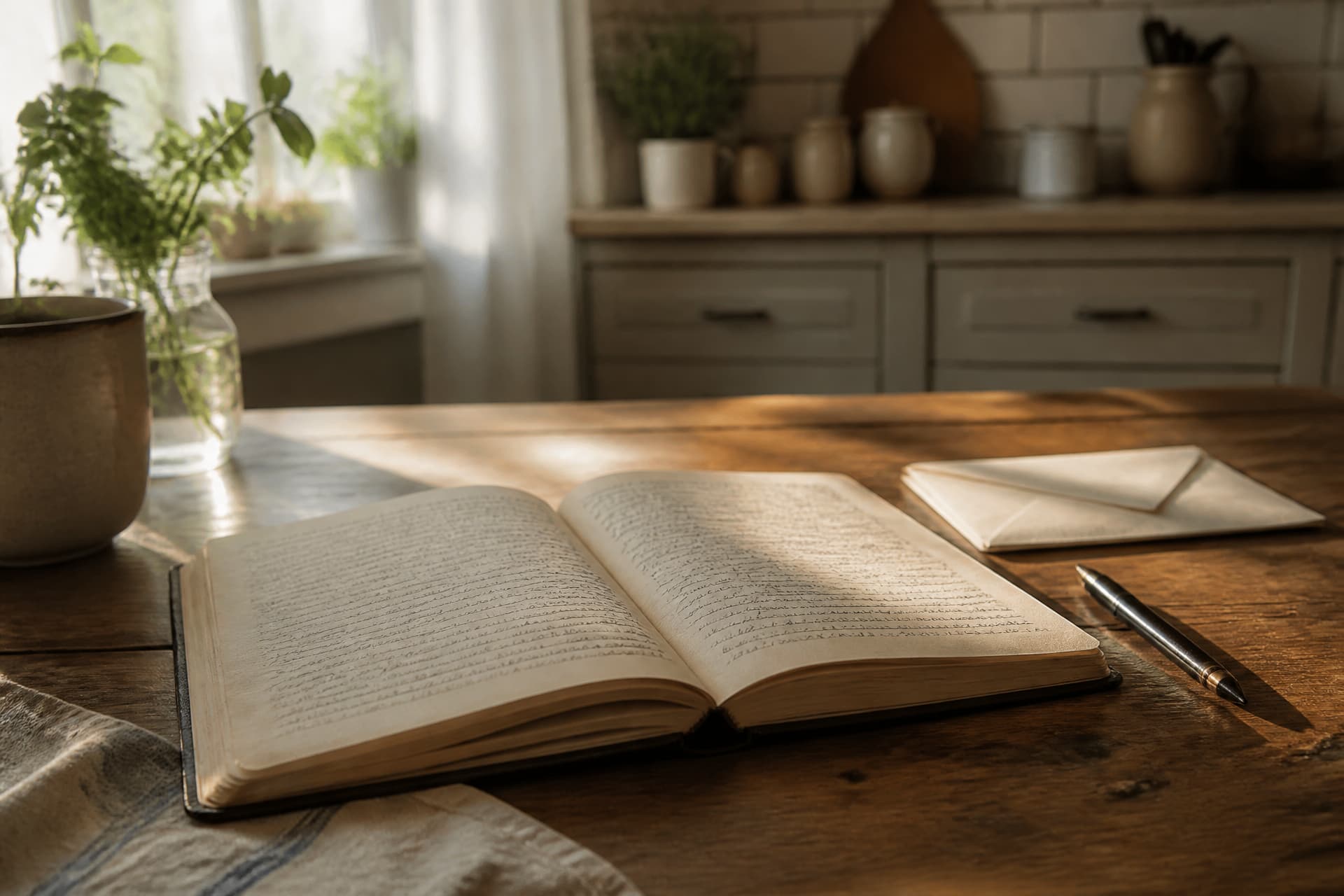 An open notebook on a kitchen table with a pen and a folded envelope beside it, in warm morning light