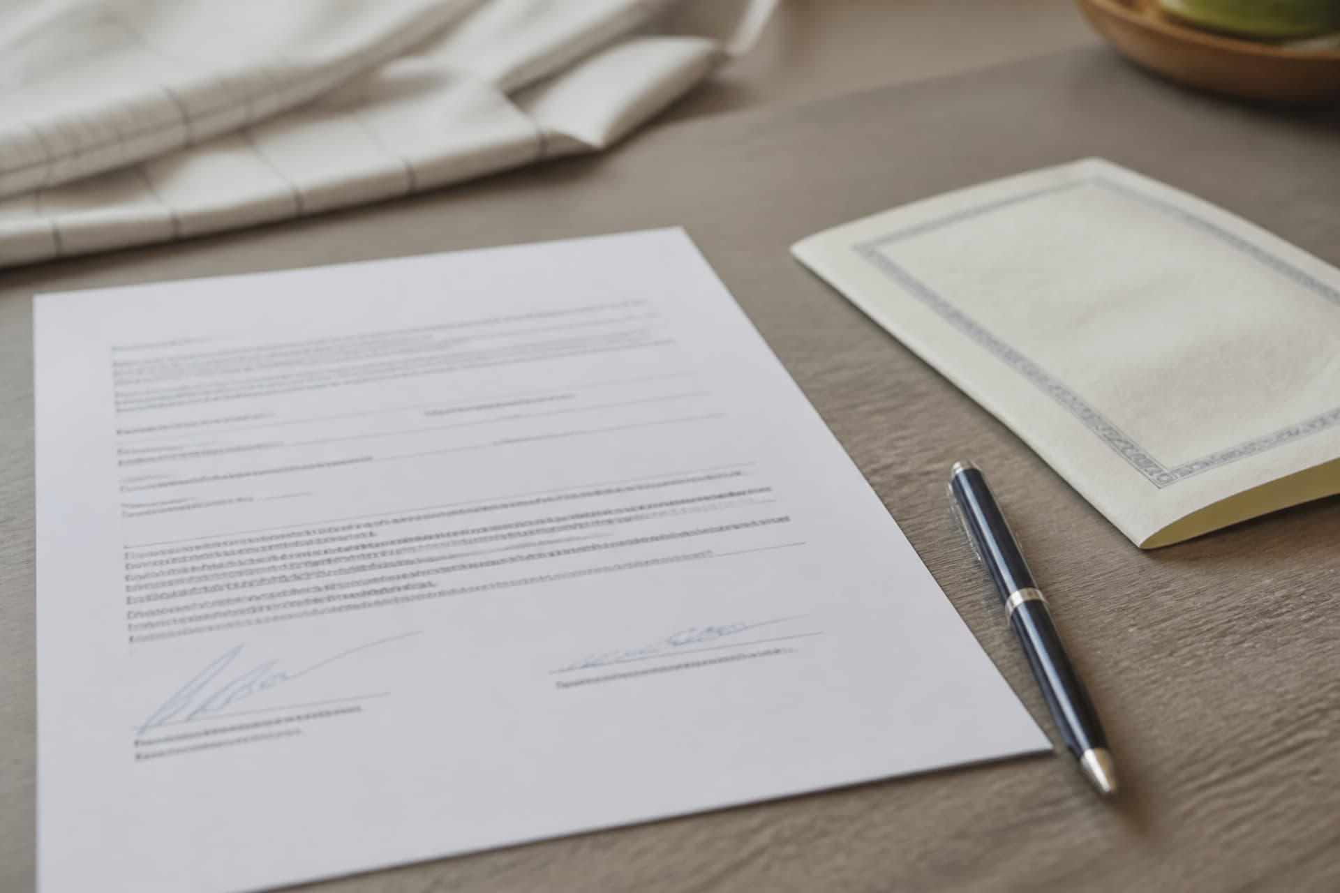 A printed form partly signed on a desk beside a pen and a folded certified document, in flat daylight