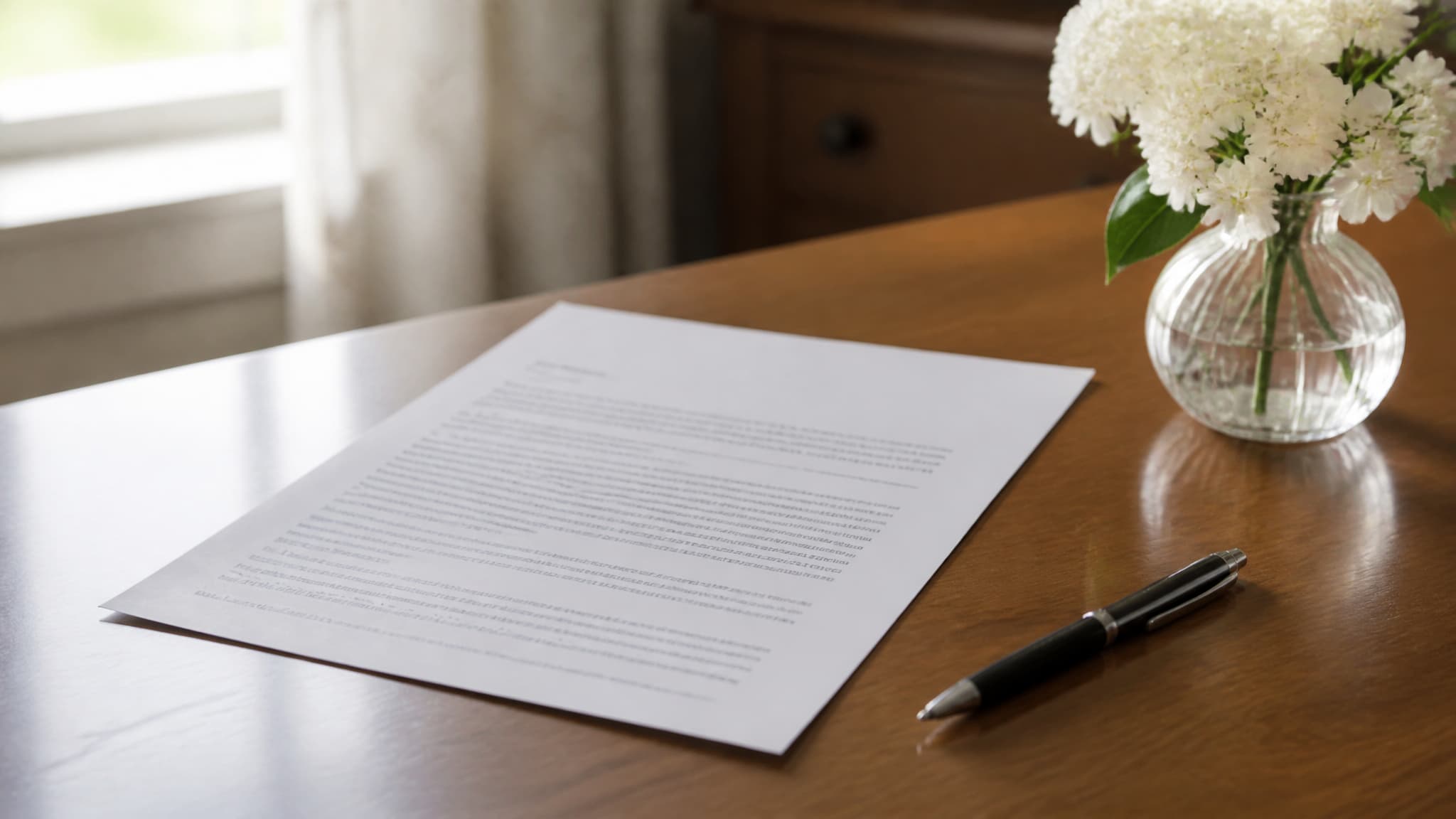 A printed insurance document and a pen on a polished wooden desk beside a small vase of white flowers, in soft daylight