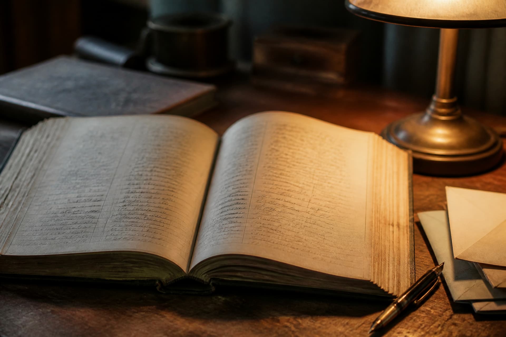 An old hardbound ledger open on a desk beside a fountain pen and a small stack of envelopes, in warm lamplight