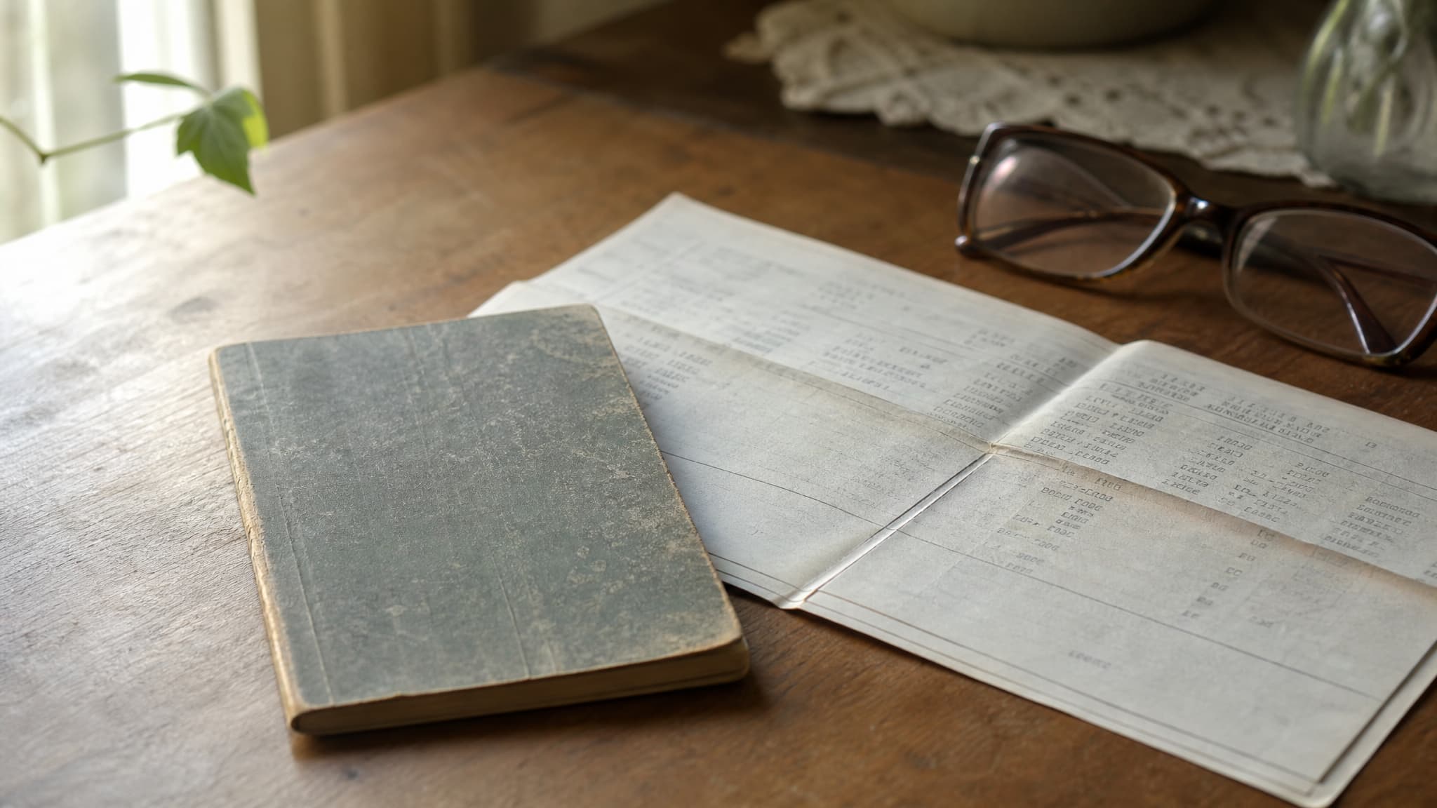 An old savings passbook and a folded bank statement on a wooden table beside a pair of reading glasses, in warm daylight