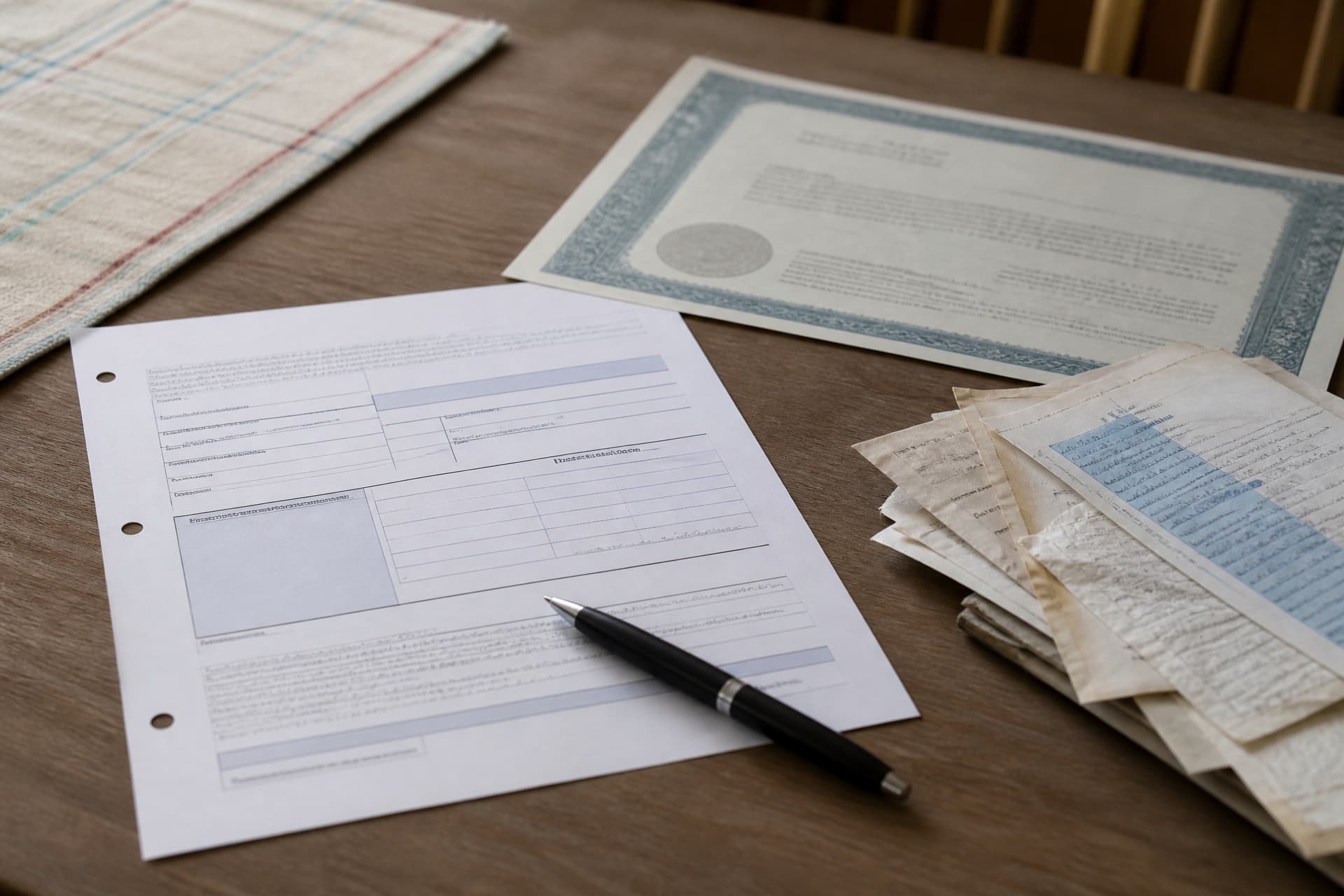 A partly completed paper form on a desk beside a certified document, a pen and a small stack of old statements, flat daylight