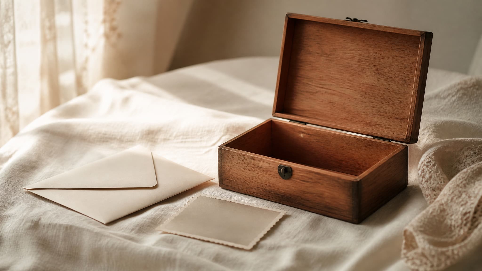 An open wooden keepsake box on pale linen with a folded handwritten letter and a small photograph resting beside it